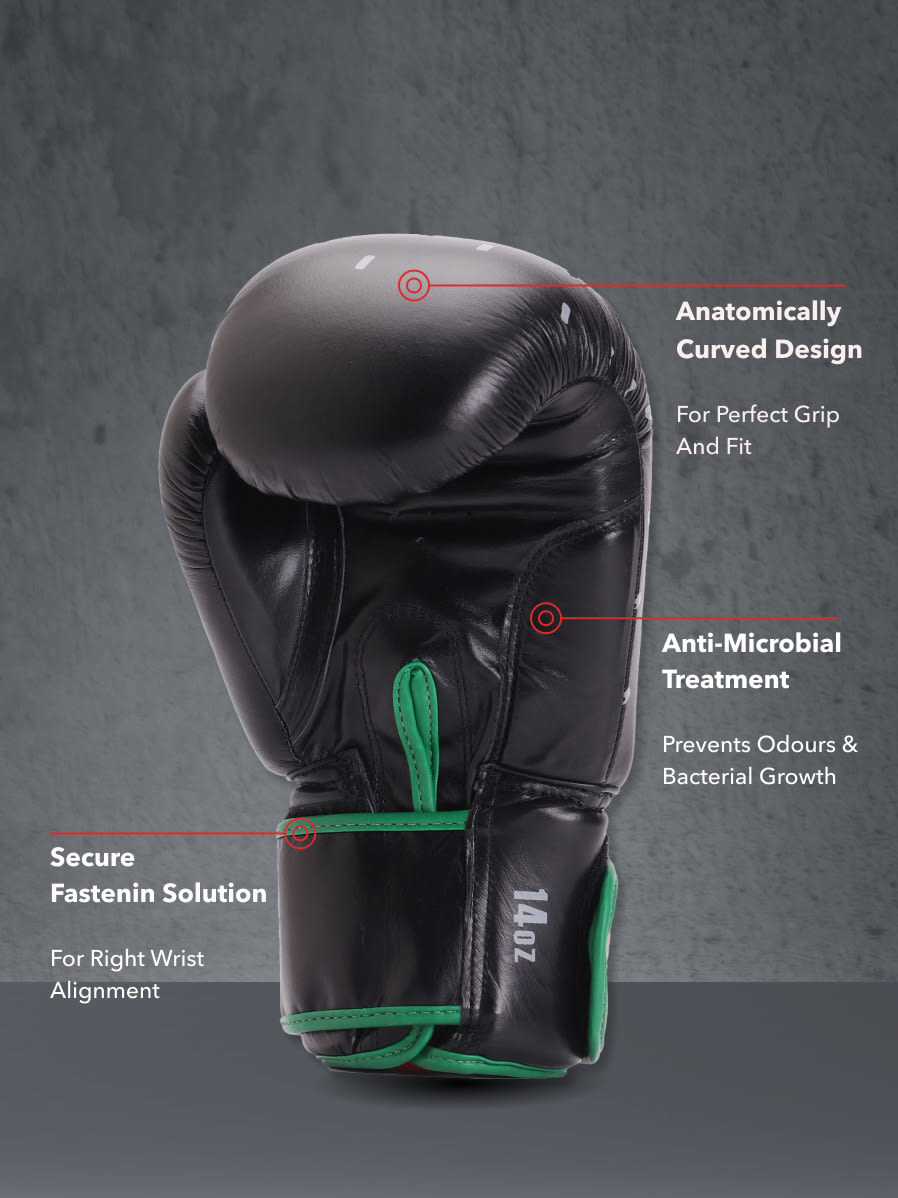 cult Premium Leather Boxing Gloves for Men & Women Foam Padding Thickness 35 mm Punching Bag Gloves for Boxing, Training, Kickboxing, Muay Thai, MMA Boxing Gloves Black/Green