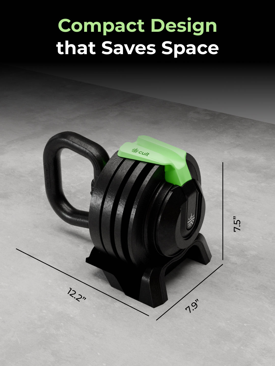 Cult 12Kg Adjustable Kettlebell | 12 Weight Options (2kg-12kg) | One-Hand 1-Second Dial | Compact & Durable Home Gym Kettlebell - Black