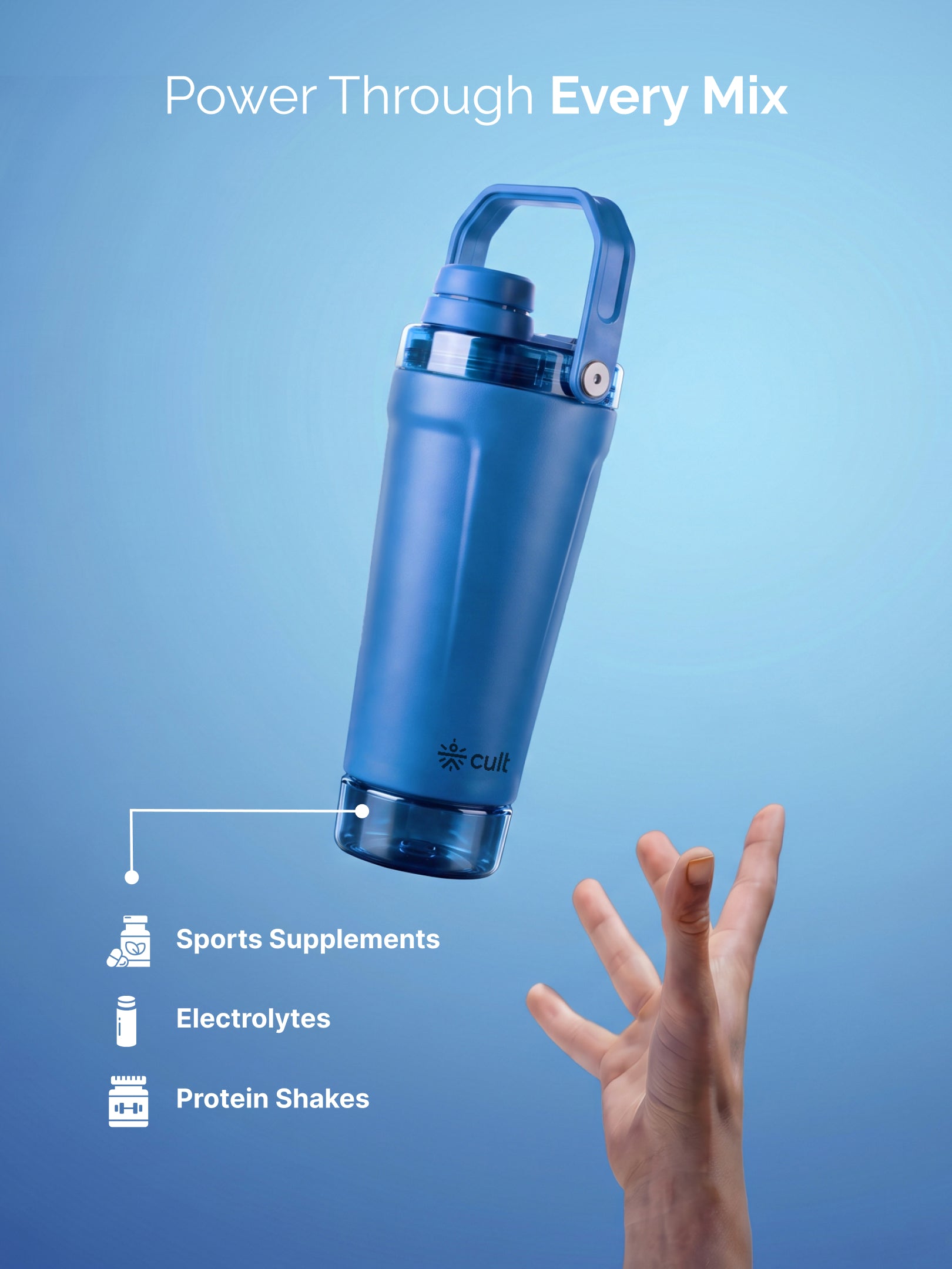 CULT Stainless Steel Gym Shaker 600ml | Leakproof Protein Mixer Bottle with Storage Container & Secure Lock Lid for Fitness & Travel (Royal Blue)