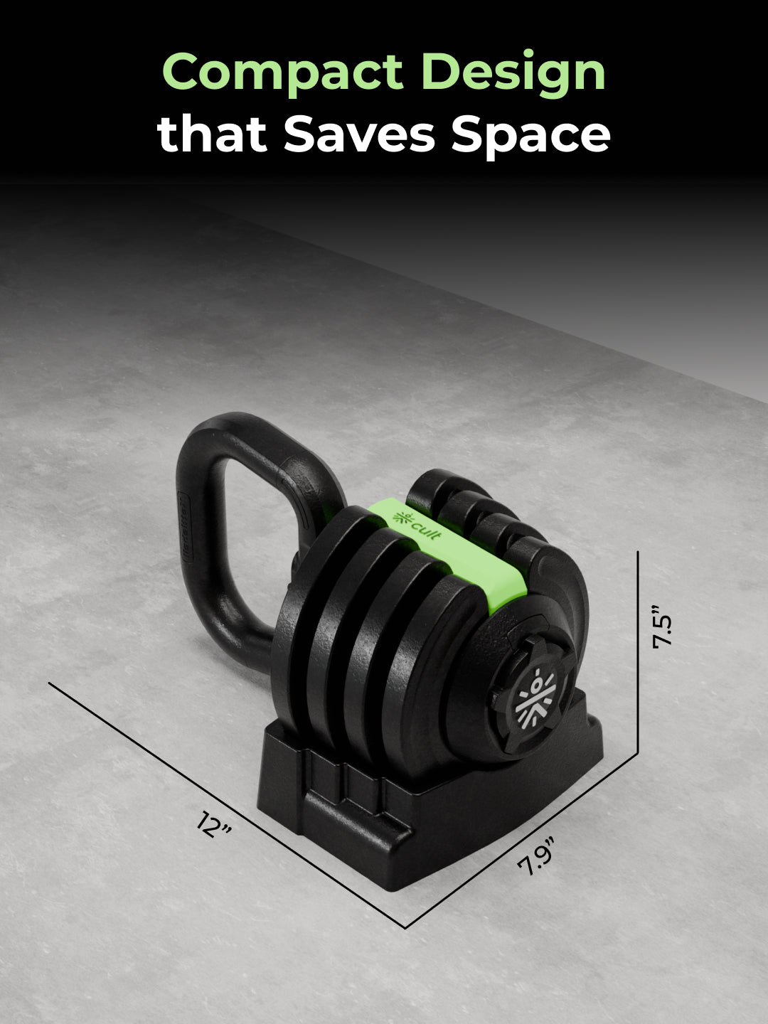 Cult 10Kg Adjustable Kettlebell | 12 Weight Options (1kg-10kg) | One-Hand 1-Second Dial | Compact & Durable Home Gym Kettlebell - Black