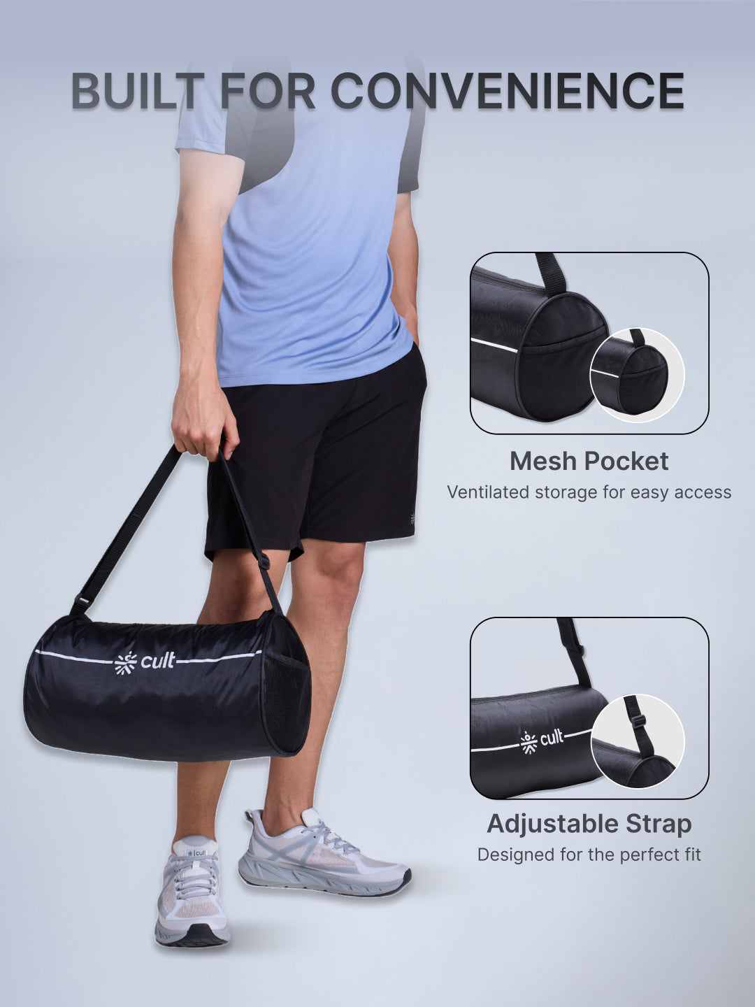Compact 12L Gym Bag with Shoulder Strap & 500ml Shaker Bottle with Mixer Ball – Black