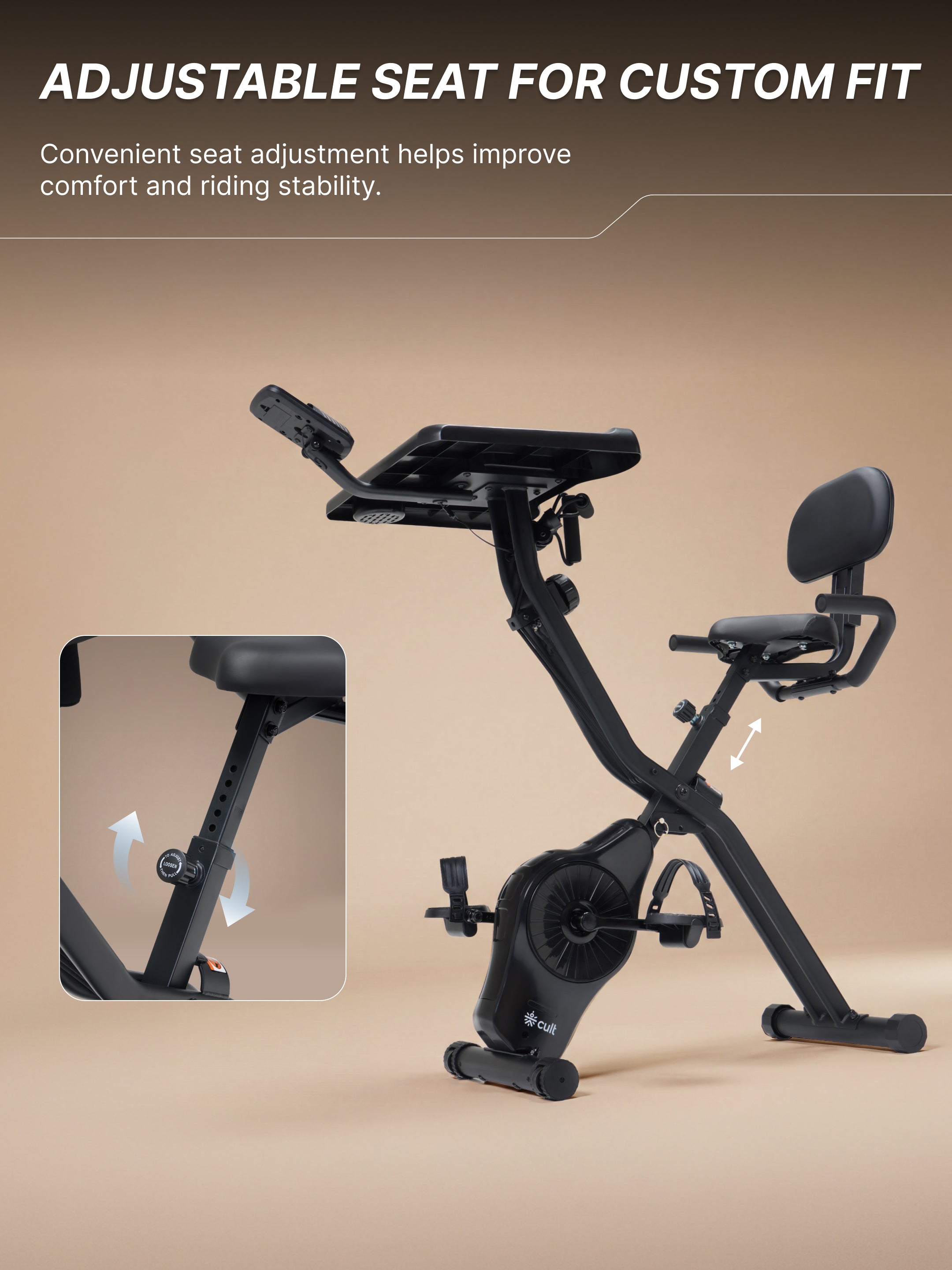 Cult X-Bike with Table | Sturdy & Stable Design | Foldable Exercise Cycle for Home | 8-Level Magnetic Resistance | Adjustable Seat | LCD Display | Laptop & Tablet Desk | 120 kg Capacity - Black