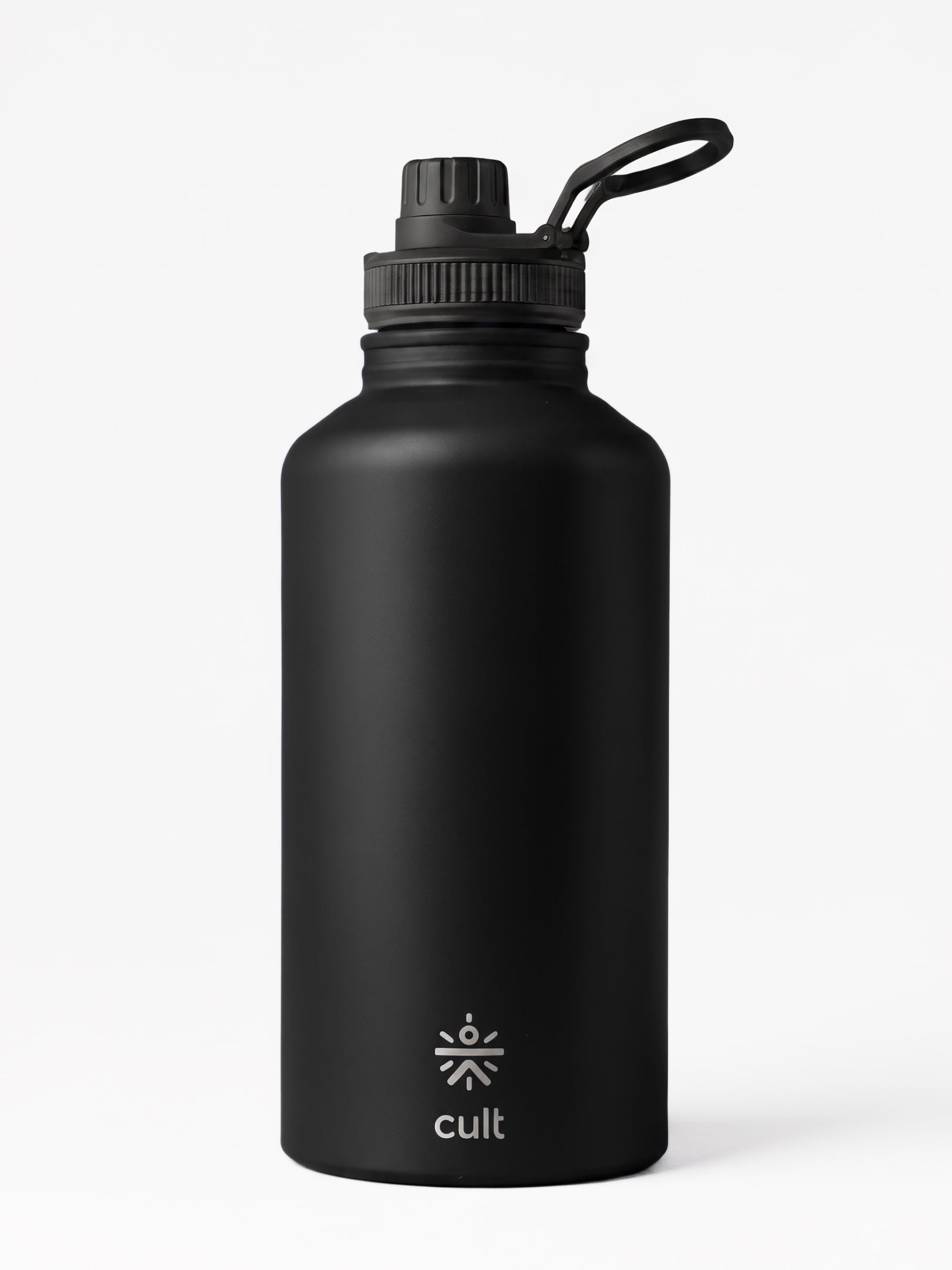 CULT 2 Litre Stainless Steel Water Bottle – 2000ml Leakproof Gym Hydration Jug with Sports Cap - Black