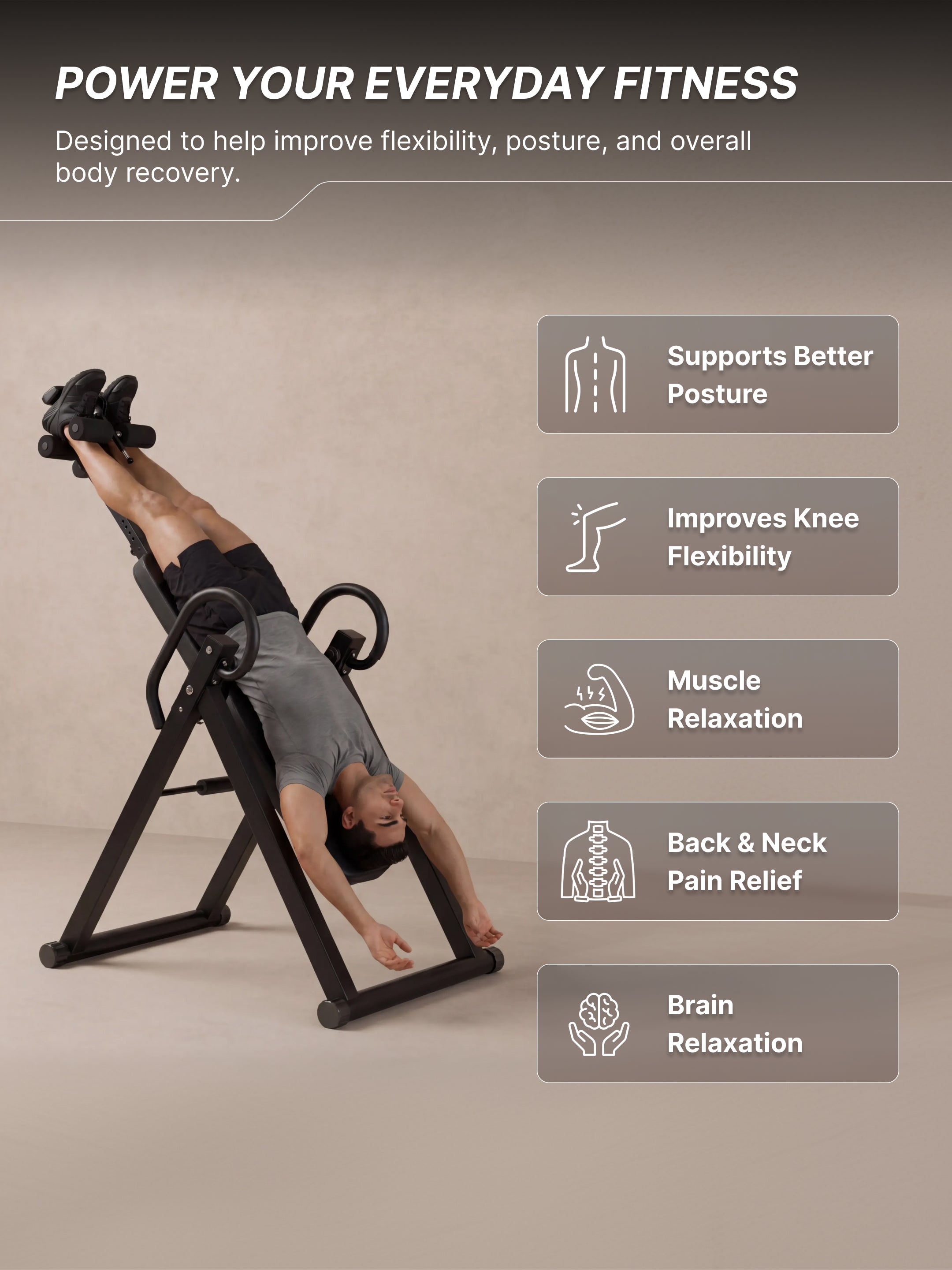 Fitkit by cult Inversion Table | 4 Inversion Positions | 120 Kg Weight Support | Adjustable Height | Safety Belt & Ankle Locking System | Back Stretching & Spine Decompression Equipment | Foldable Compact Home Fitness Tool