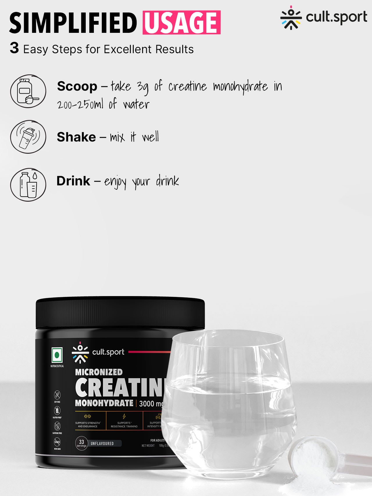 Cultsport Creatine Monohydrate  100 g | Micronised | 100% Vegetarian | Unflavoured |  Dairy-Free | Gluten-Free