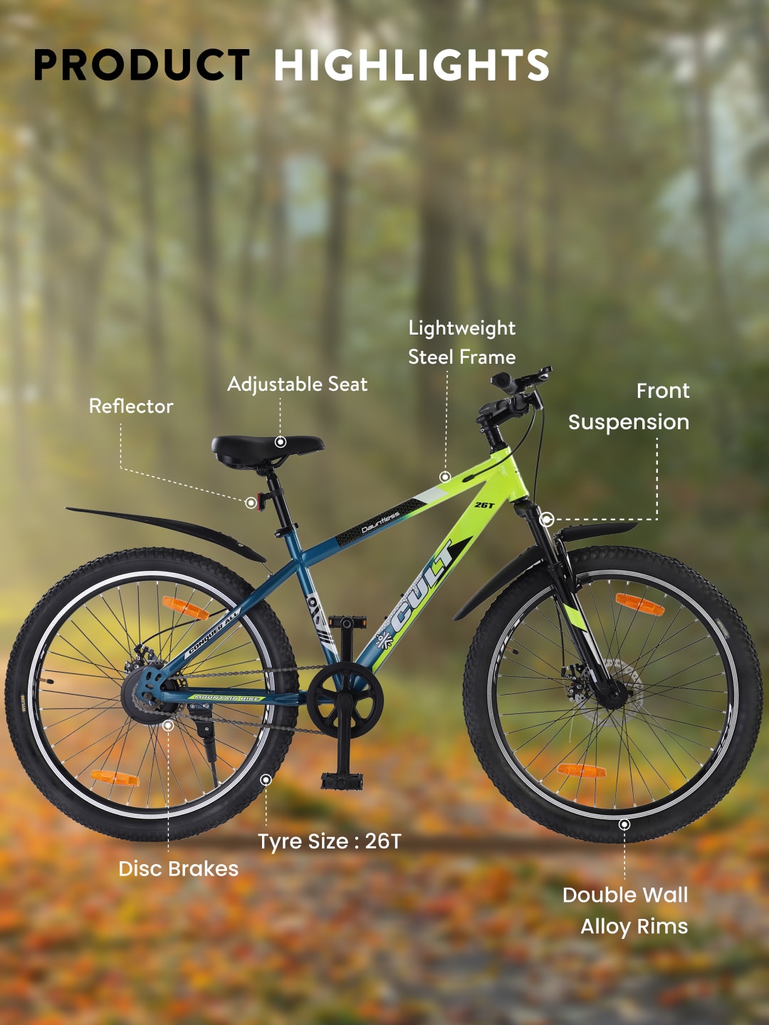 DAUNTLESS26TGREENBLUE Steel Single Speed 26 inch Mountain Cycle, Dual Disc Brake, Front Suspension, Double Wall Rim