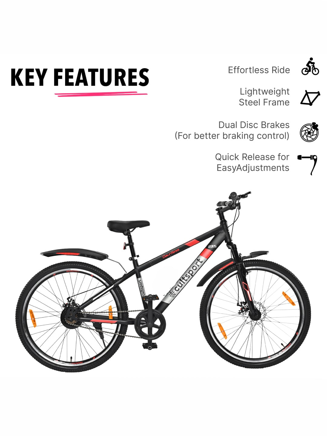 Dauntless27.5Black Steel Single Speed 27.5 inch Mountain Cycle, Front Suspension, Double Wall Rim Free Trainer Sessions, Cycling Event