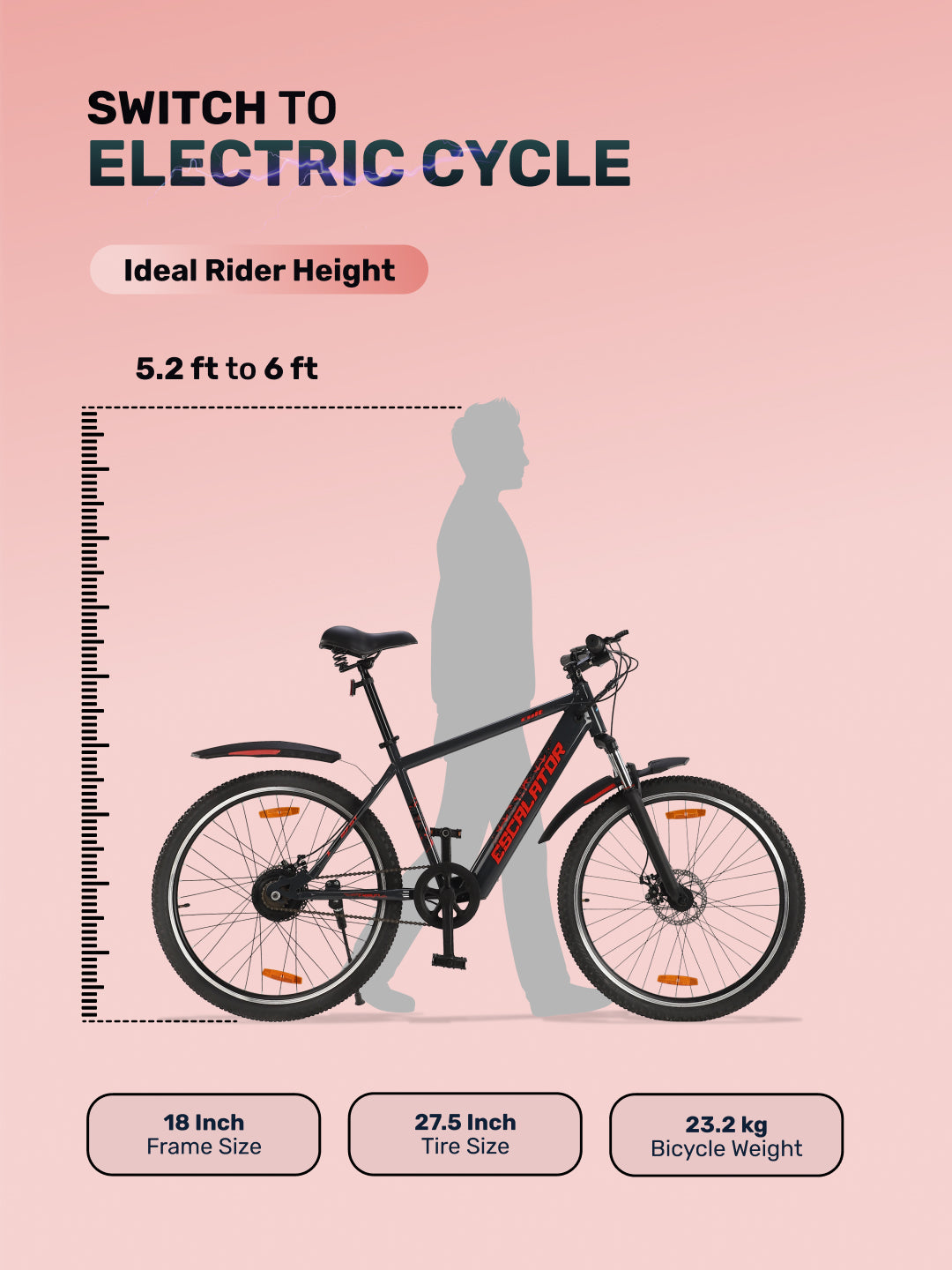Escalator 27.5T Grey with 250W BLDC Motor| 4 Hours Fast Charge| 7.8 Ah Li-ion Battery| Up to 35 Km| 27.5 Inches Wheels| Single Speed Electric Cycle | Ideal for 15+ Years