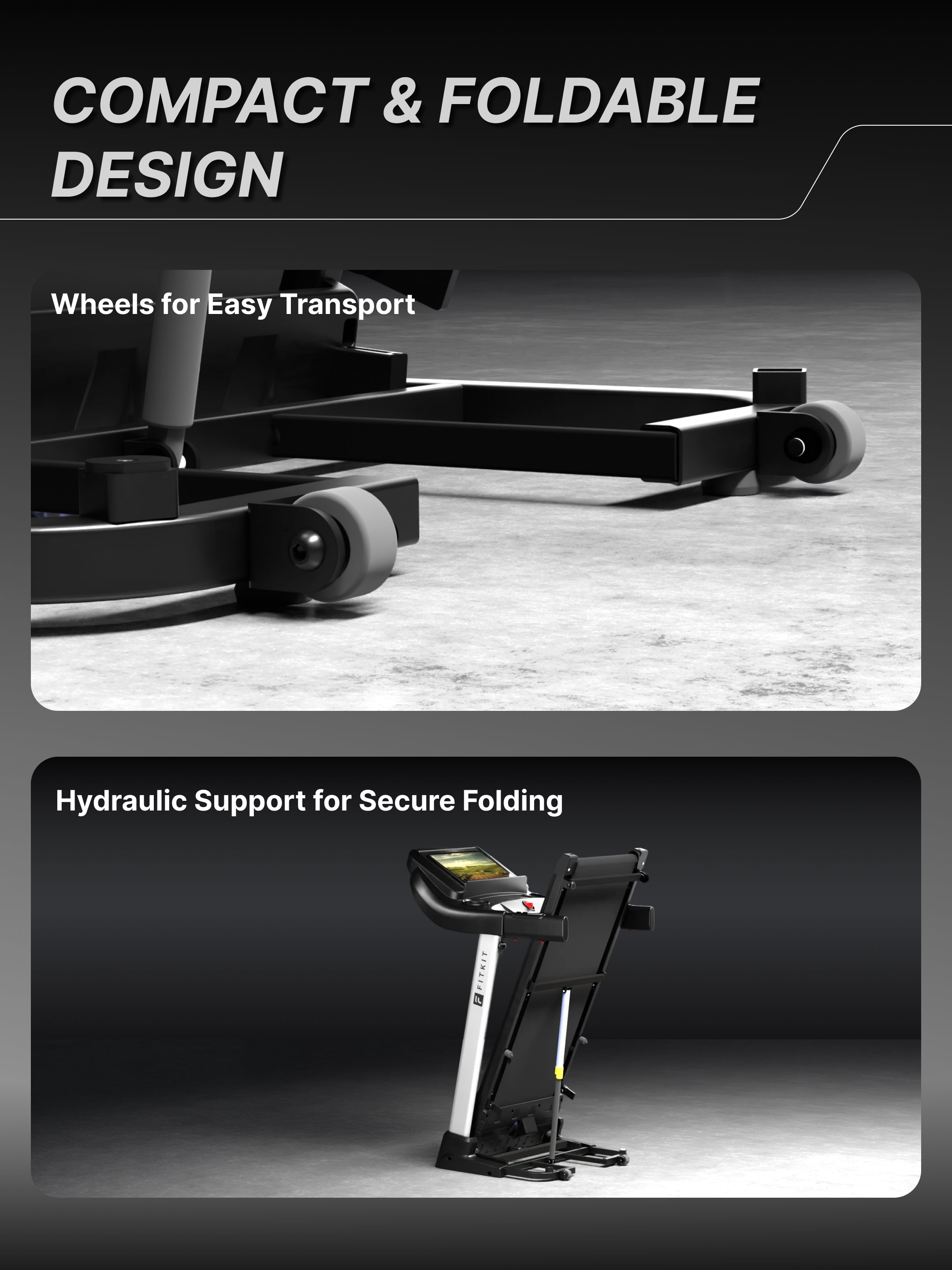 Fitkit by Cult FT100 Smart Incline Motorised Treadmill | 3HP BLDC Motor | 110kg Capacity | 15-Level Auto Incline | 12 km/hr Speed | Foldable & Easy-Move Wheels | 12 Preset Workout | Ideal for Home Use