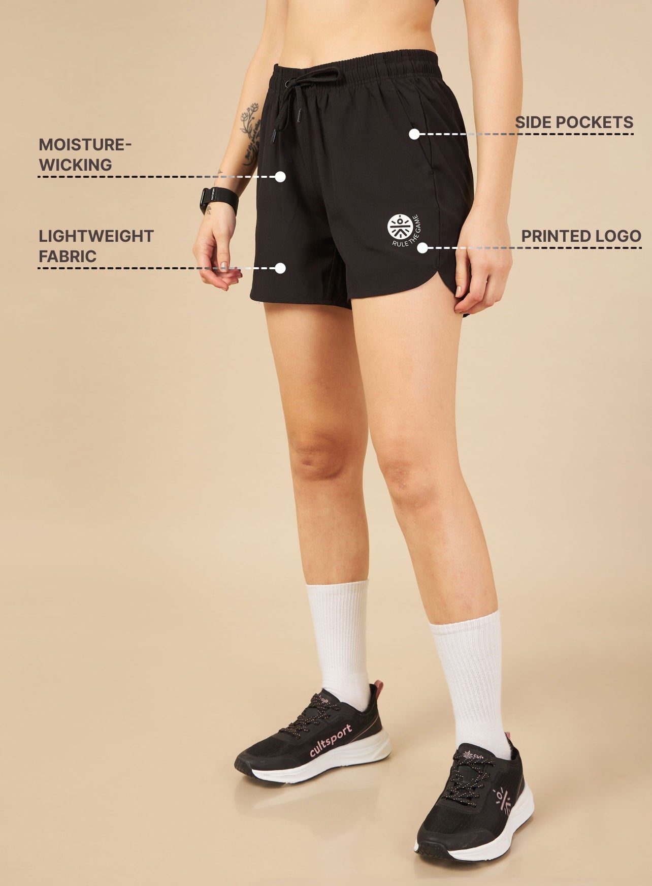 Women's Black Solid Workout Shorts with Curved Hem