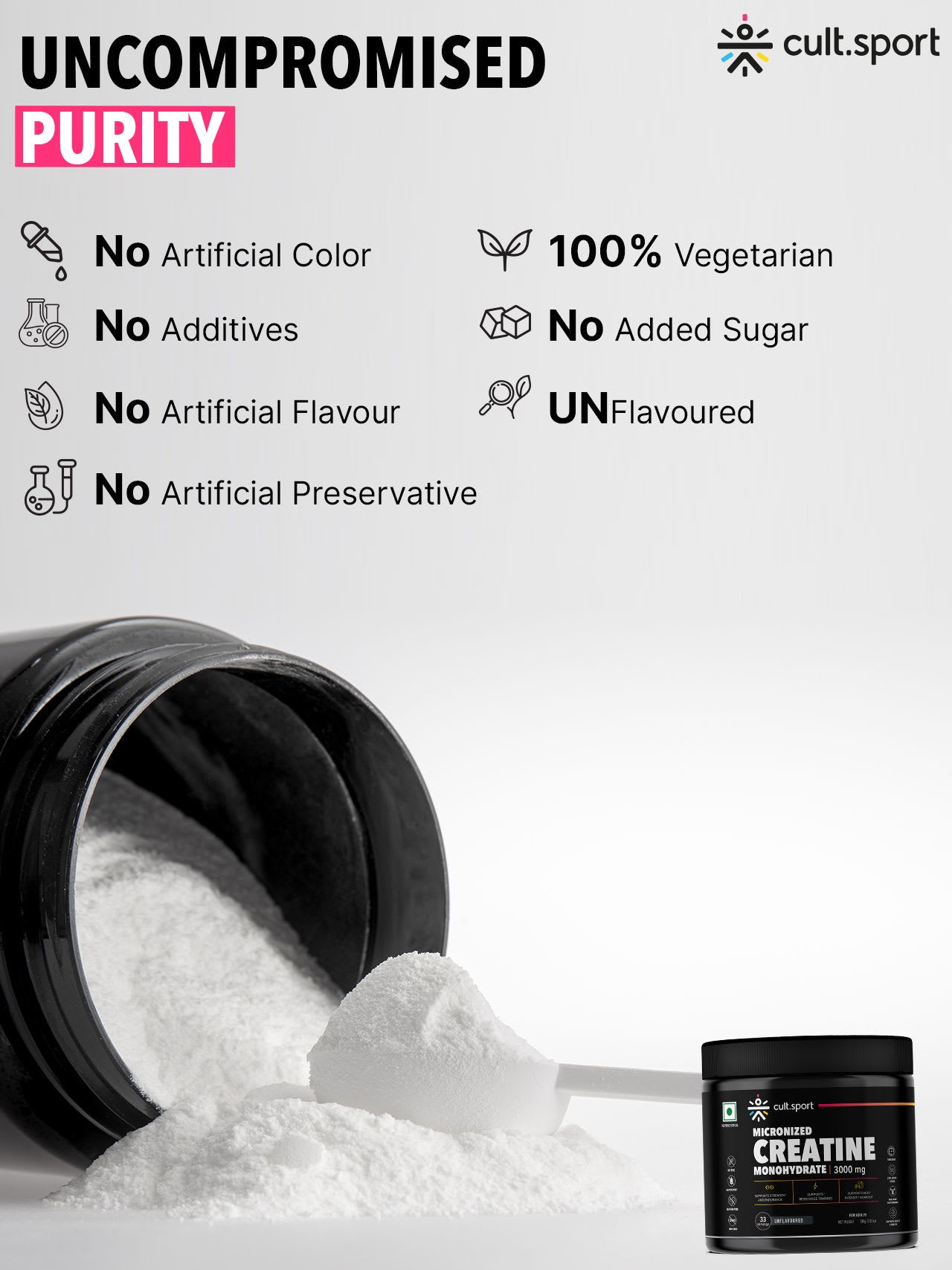 Cultsport Creatine Monohydrate  100 g | Micronised | 100% Vegetarian | Unflavoured |  Dairy-Free | Gluten-Free