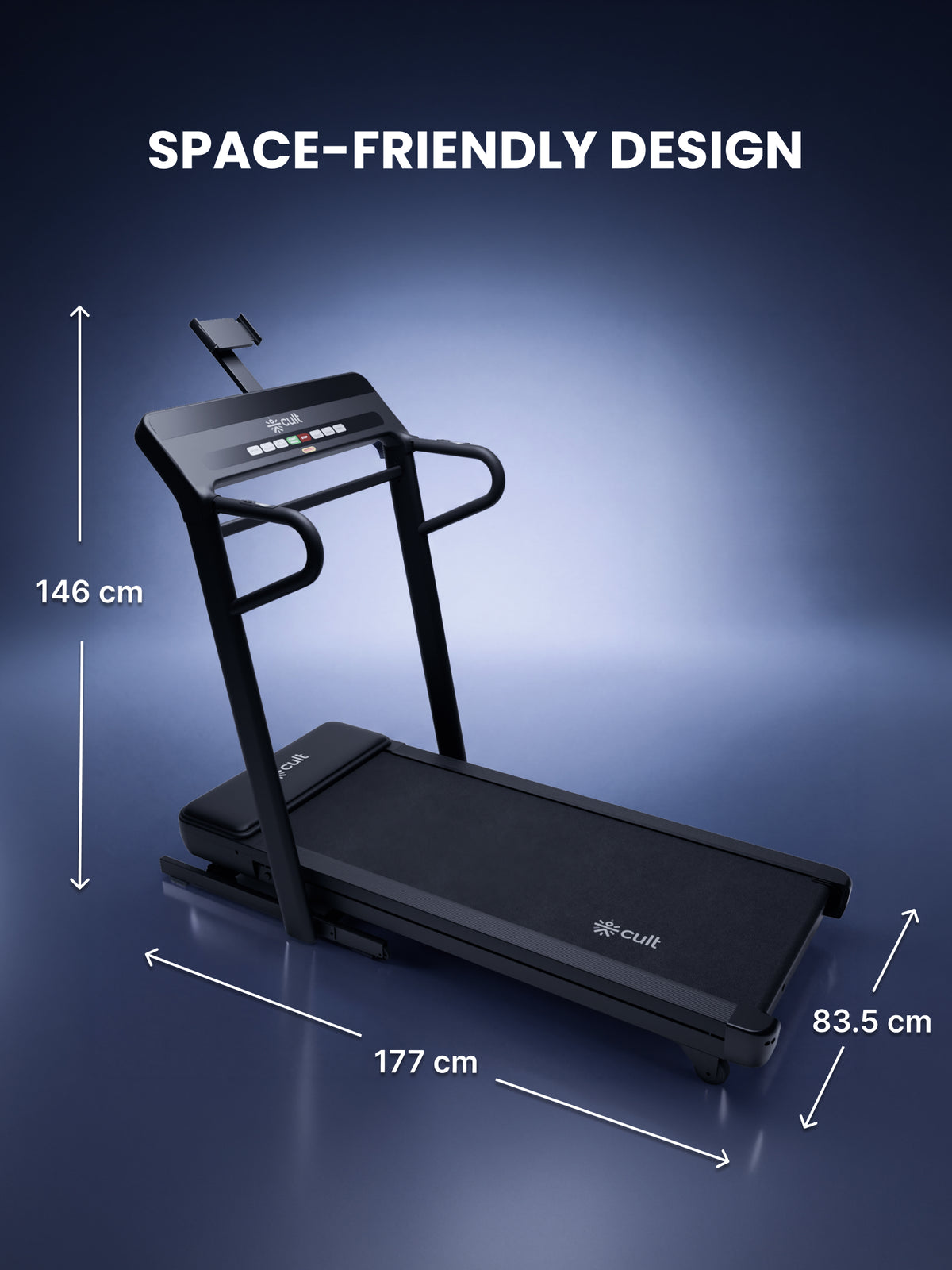 Cult Aptum Motorized Treadmill | 10 Levels Incline & 3 Level Decline | Max Speed - 20 km/hr | Max Weight – 140 kgs | Shock Absorbers for Knee Protection | One-Button Power Folding (Black)
