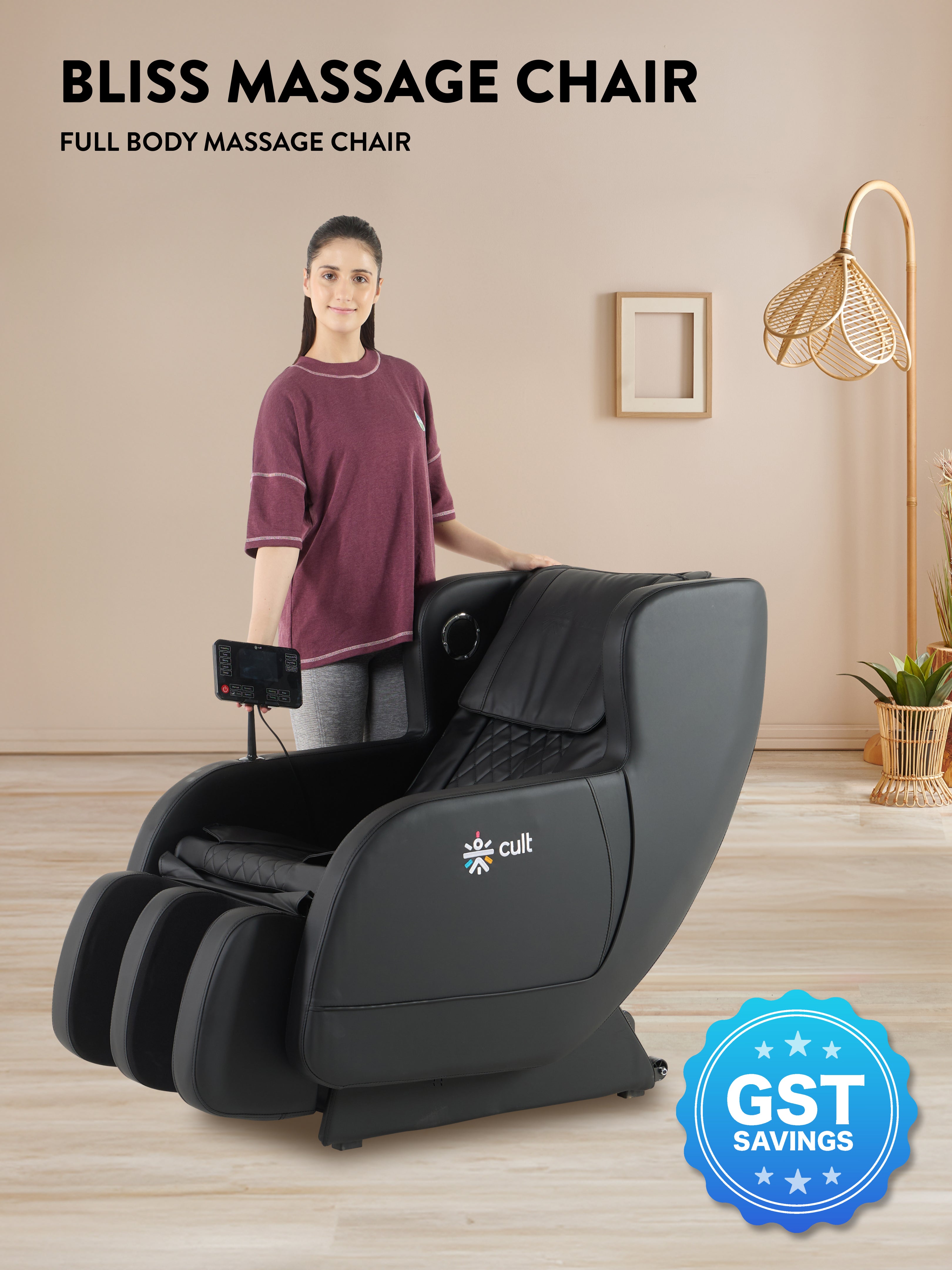 Cult BlissBlack Massage Chair with Fixed Point Massage Technique and Bluetooth AI Voice Function for Full Body Massage At Home