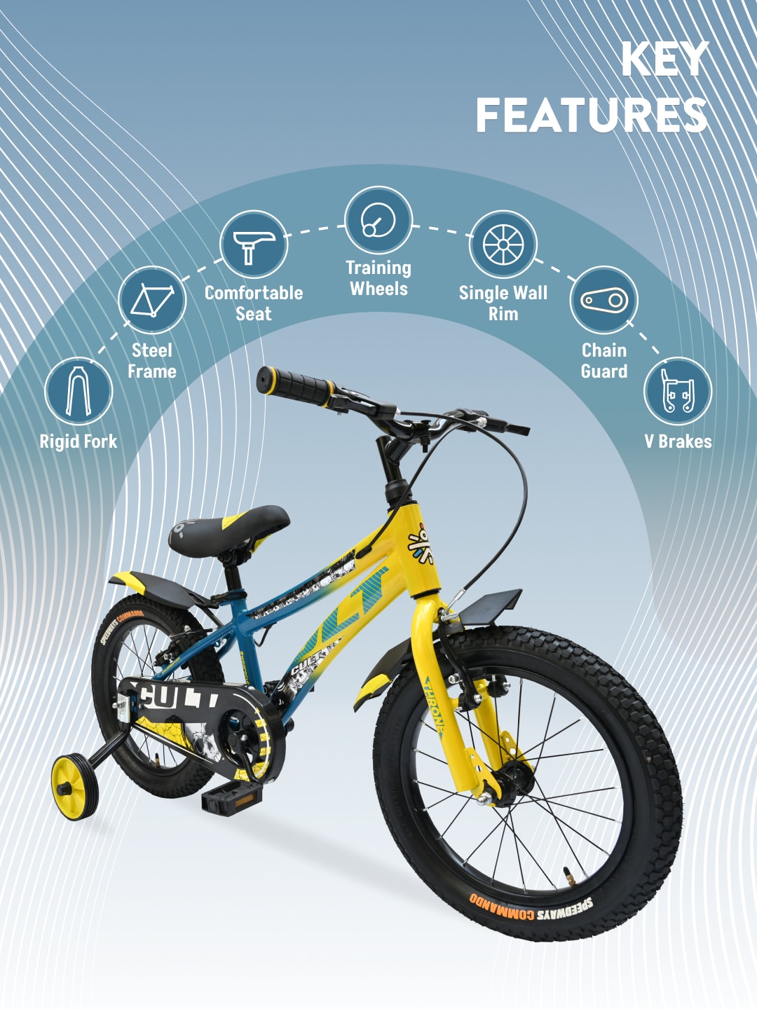 Throne 16T Steel Kids Bike with Rigid Fork, Single Wall Rim, V brakes, Chain Guard and Training Wheel, Yellow Blue