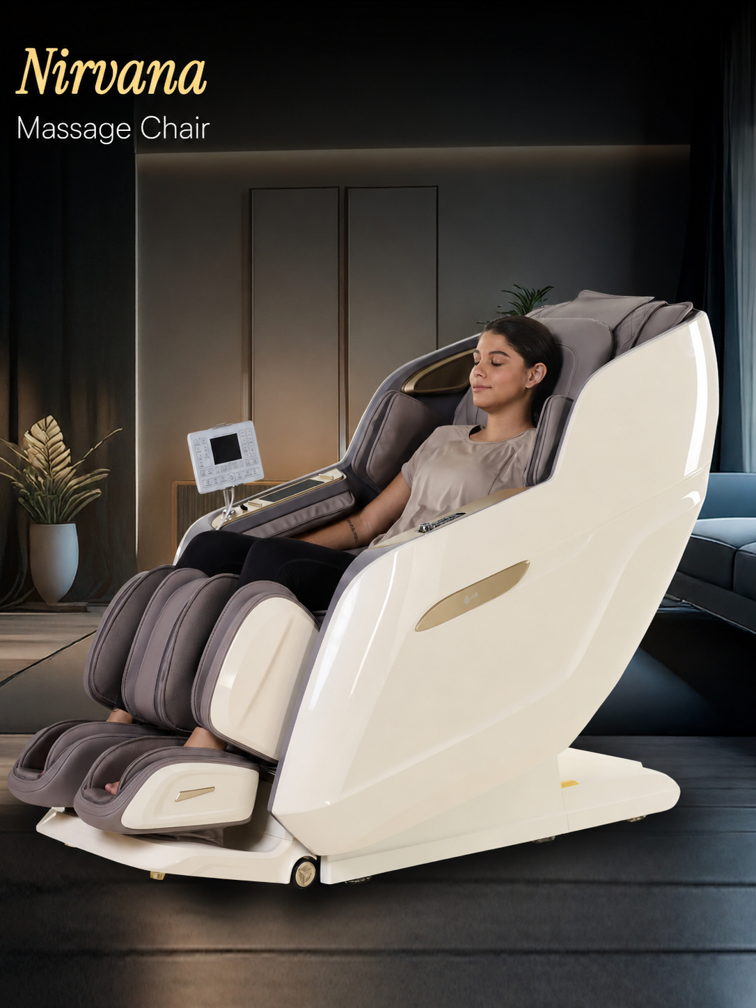 Cult Nirvana Advanced 4D Massage Chair with Leg Massager | Extended SL Track | 22 Auto Programs | Waist Heating | Zero-Gravity | AI Voice Control (Beige & White) - (6 Months extended Warranty)