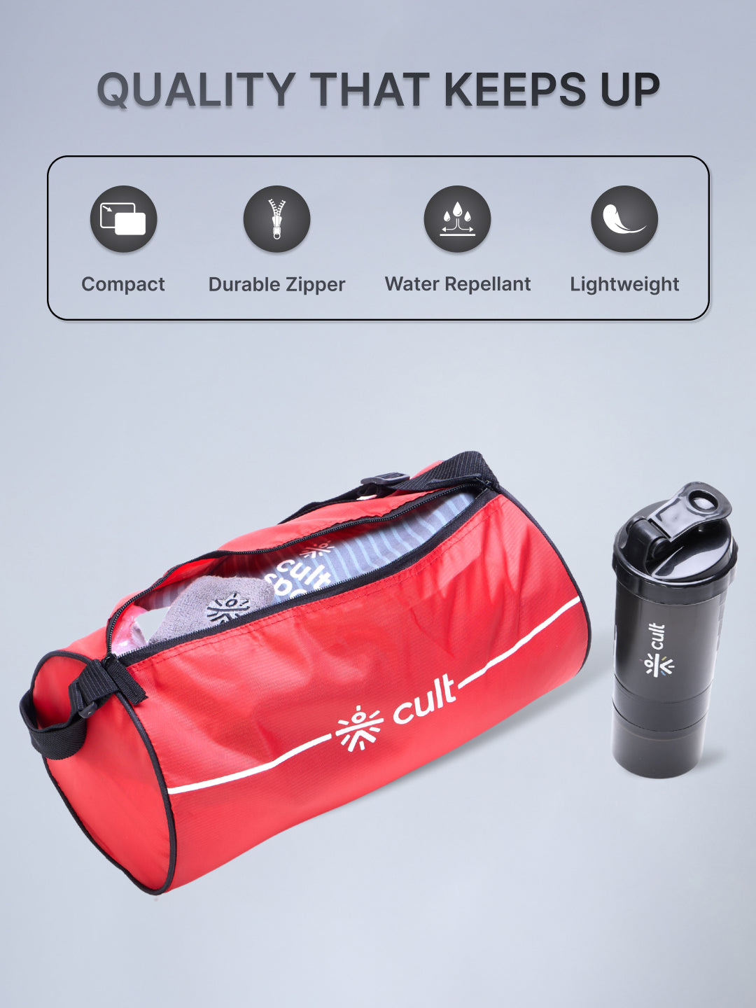 Cult Duffle Bag Red With Shaker Bottle Yellow 700Ml - Combo