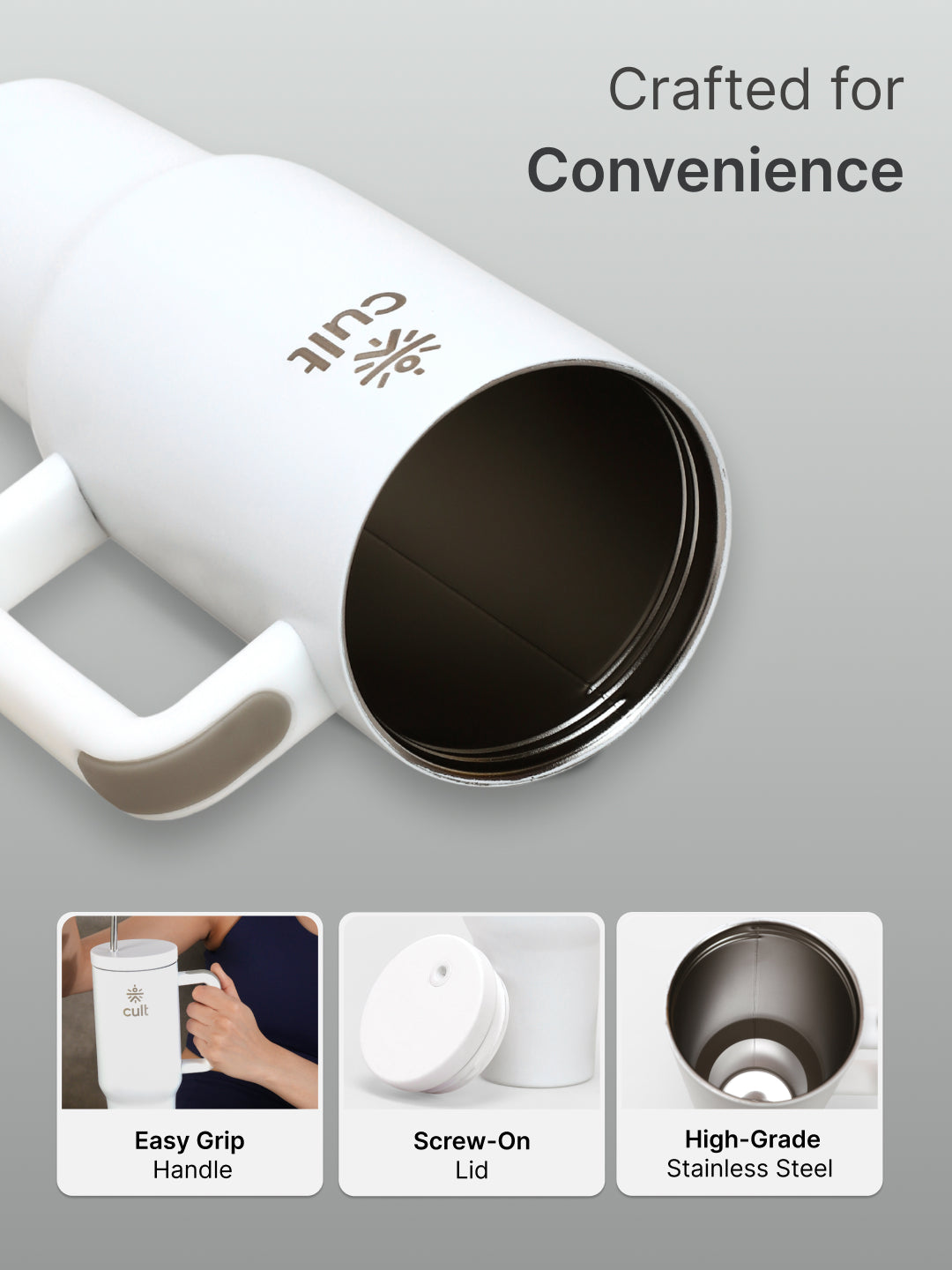 cult Tumbler 1200ML Steel Straw with Straw Cap and Cleaner Unisex White