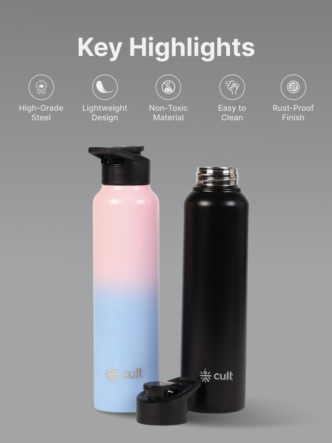 cult Steel Bottle 1Ltr With Sports Cap Pink and Blue