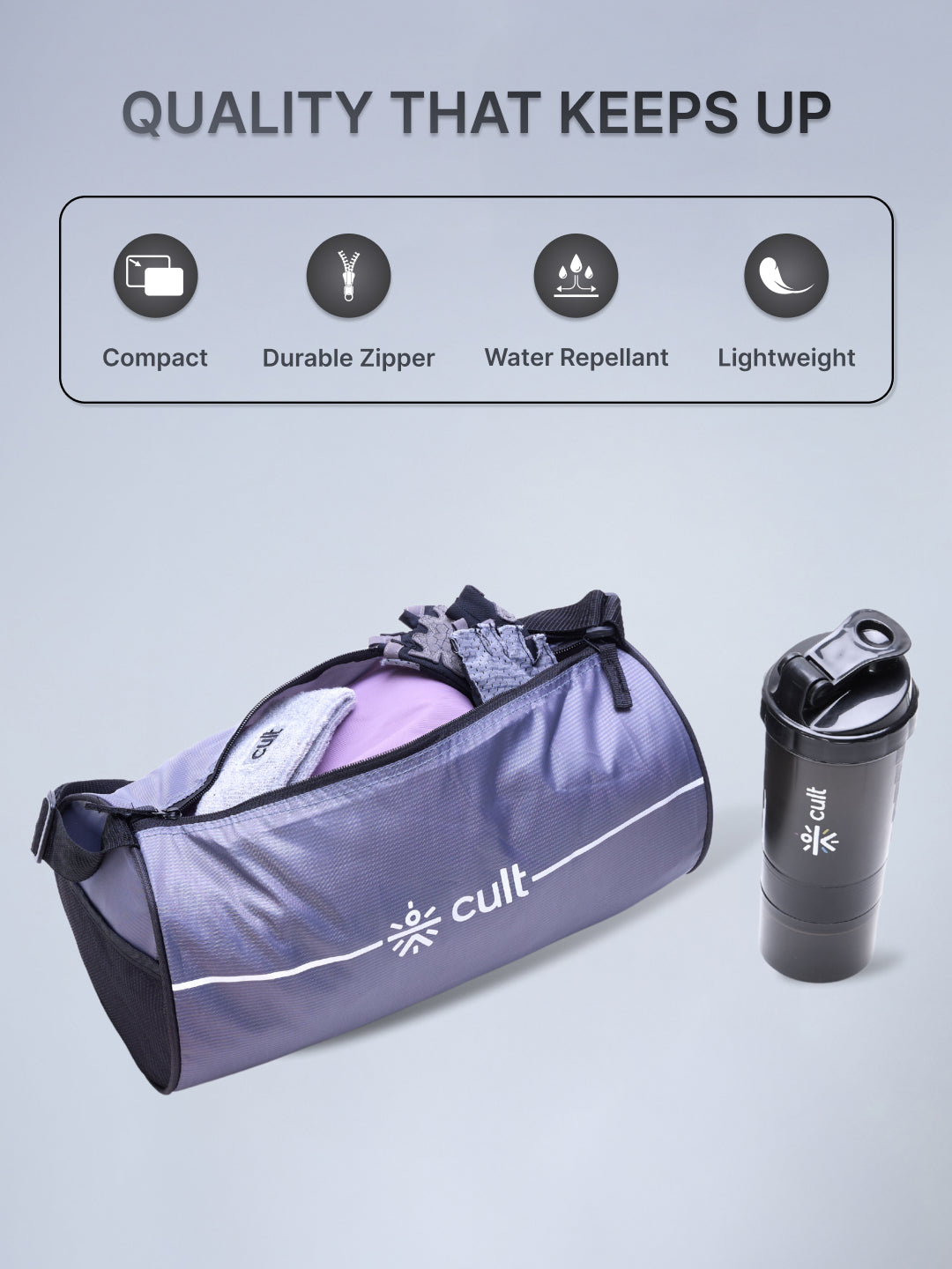 Cult Duffle Bag Grey with Shaker Bottle Black 700ml - Combo