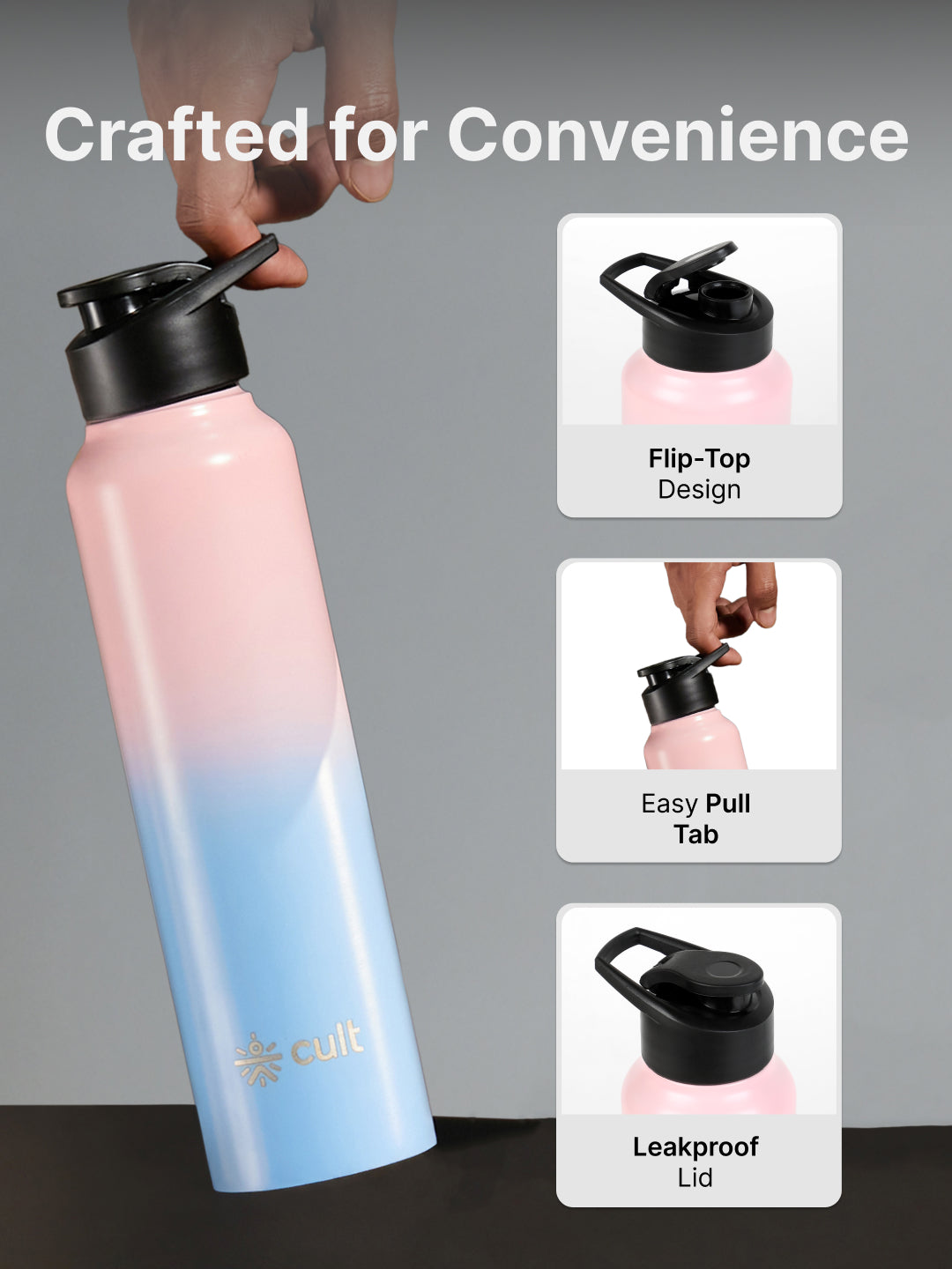 cult Steel Bottle 1Ltr With Sports Cap Pink and Blue
