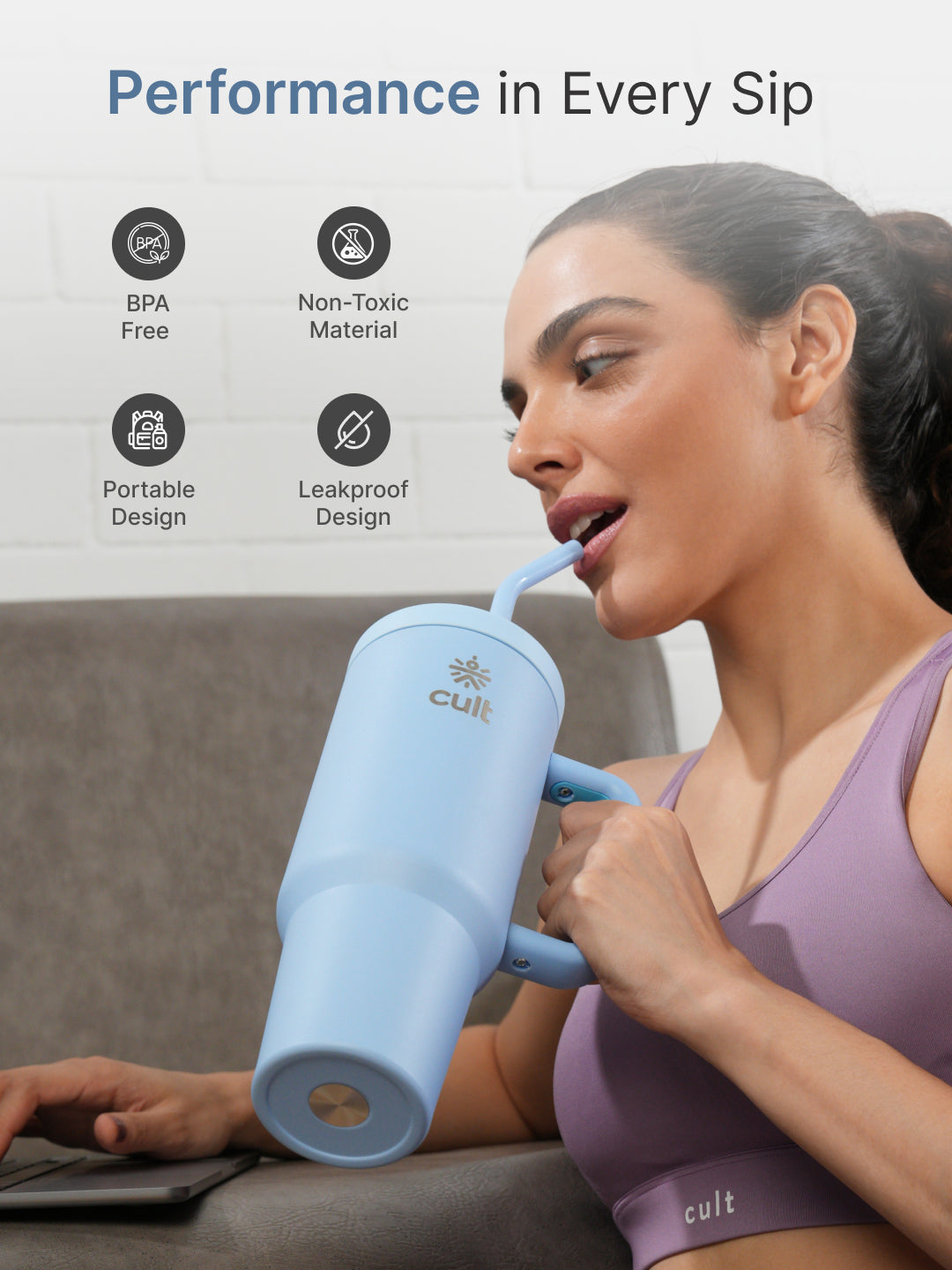 cult Tumbler 1200ML Steel Straw with Straw Cap and Cleaner Unisex Blue