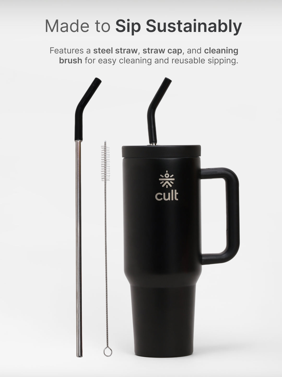 cult Tumbler 1200ML Steel Straw with Straw Cap and Cleaner Unisex Black