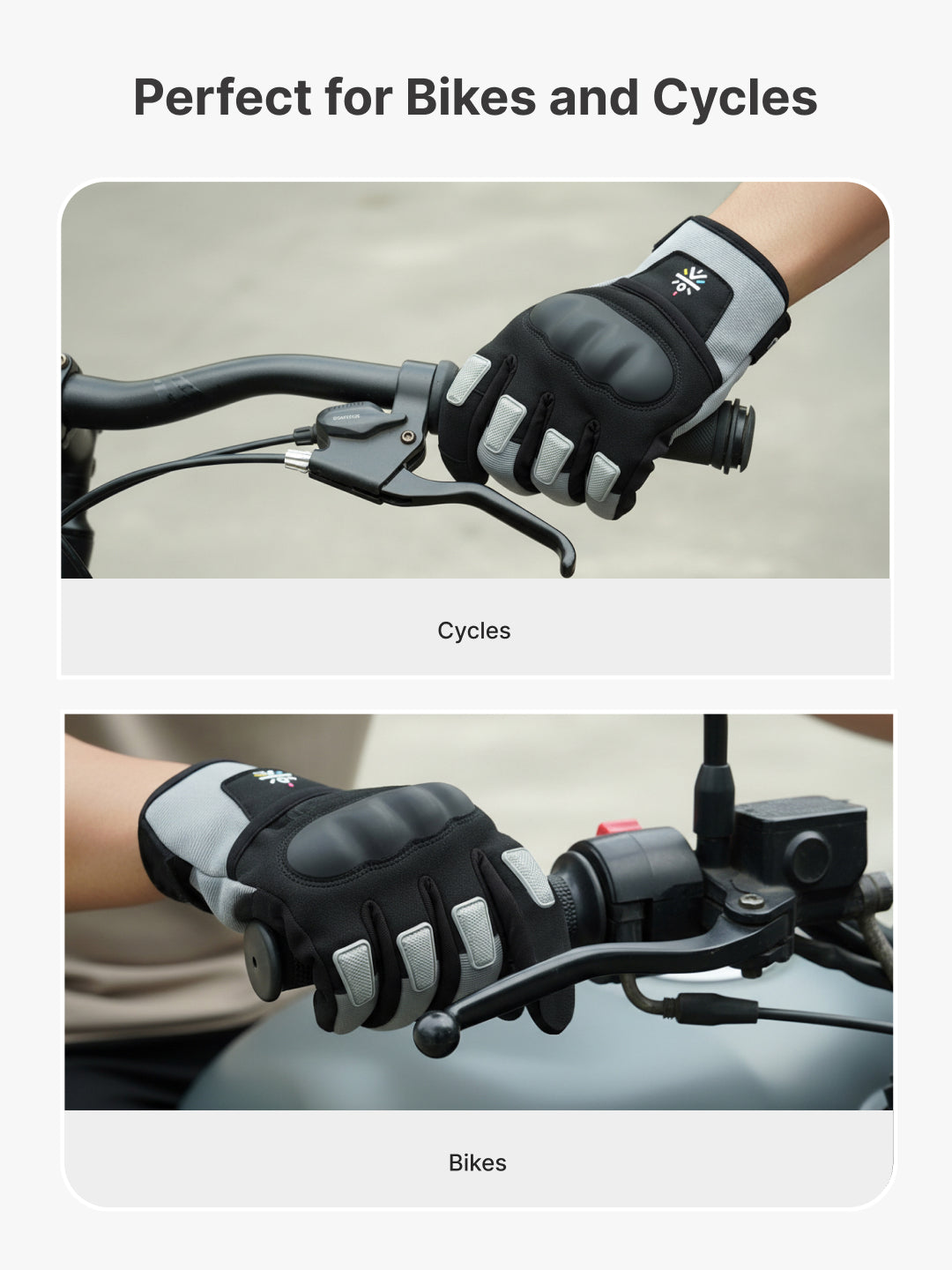 CULT Rider Bike Gloves Grey/Black - Full Finger Motorcycle & Cycling Gloves with Anti-Slip Grip, Breathable Fabric & Comfort Fit