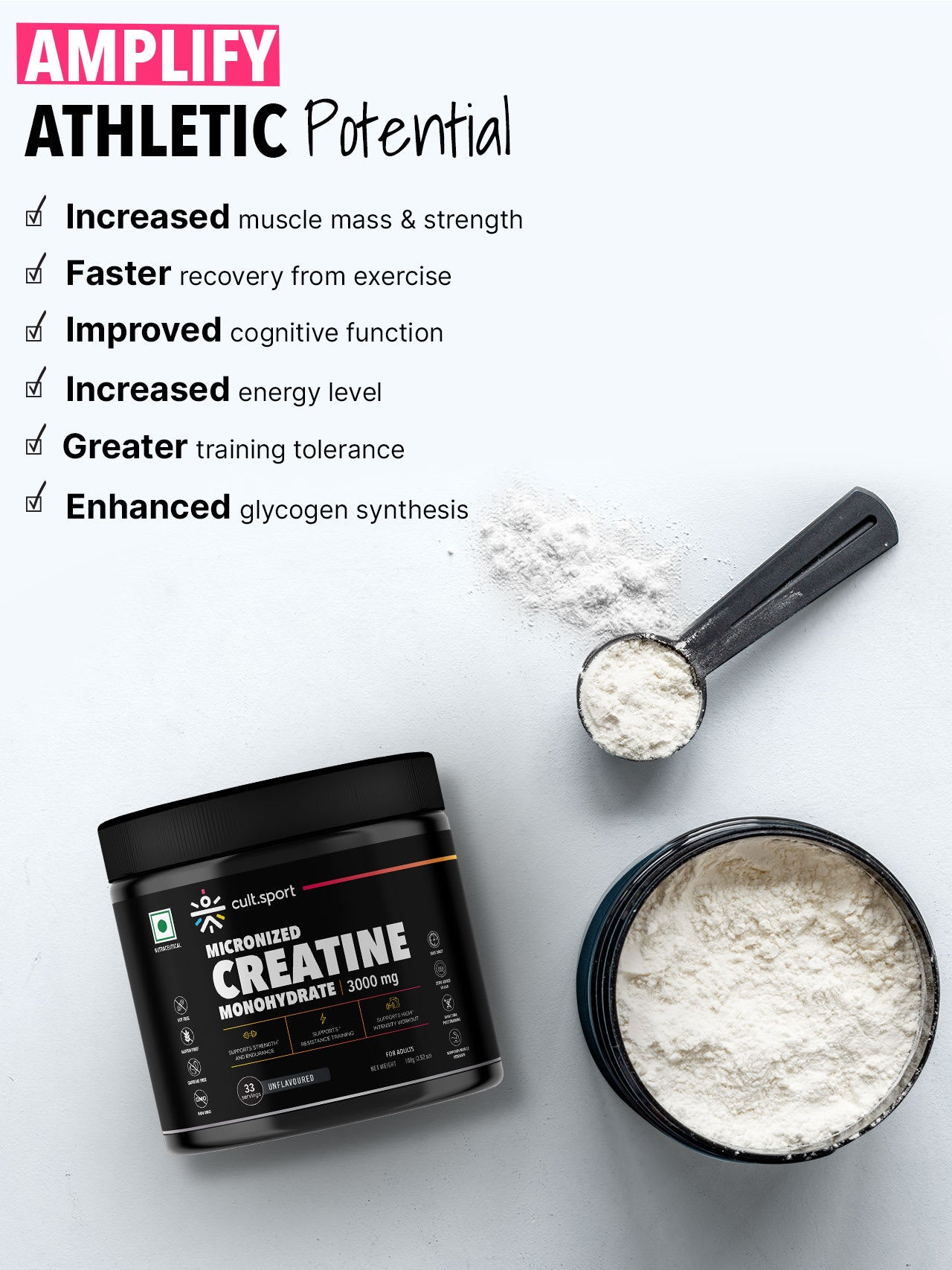 Cultsport Creatine Monohydrate  100 g | Micronised | 100% Vegetarian | Unflavoured |  Dairy-Free | Gluten-Free