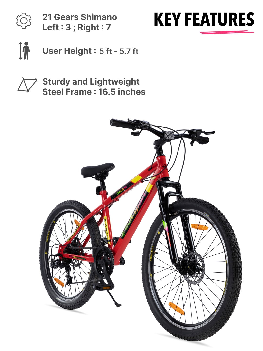 DAUNTLESS21S26TRed Steel 21 Speed Shimano Gear 26 inch Mountain Cycle, Dual Disc Brake, Front Suspension and Double Wall Rim
