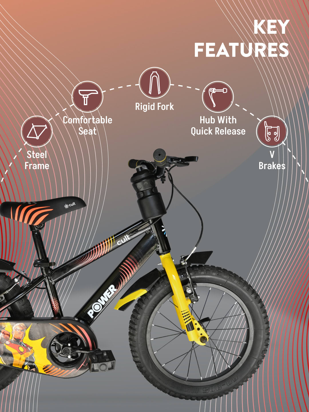 Power 16T Black Steel Kids Bike with Single Wall Rim, Rigid Fork and Free Trainer Sessions and Cycling Event