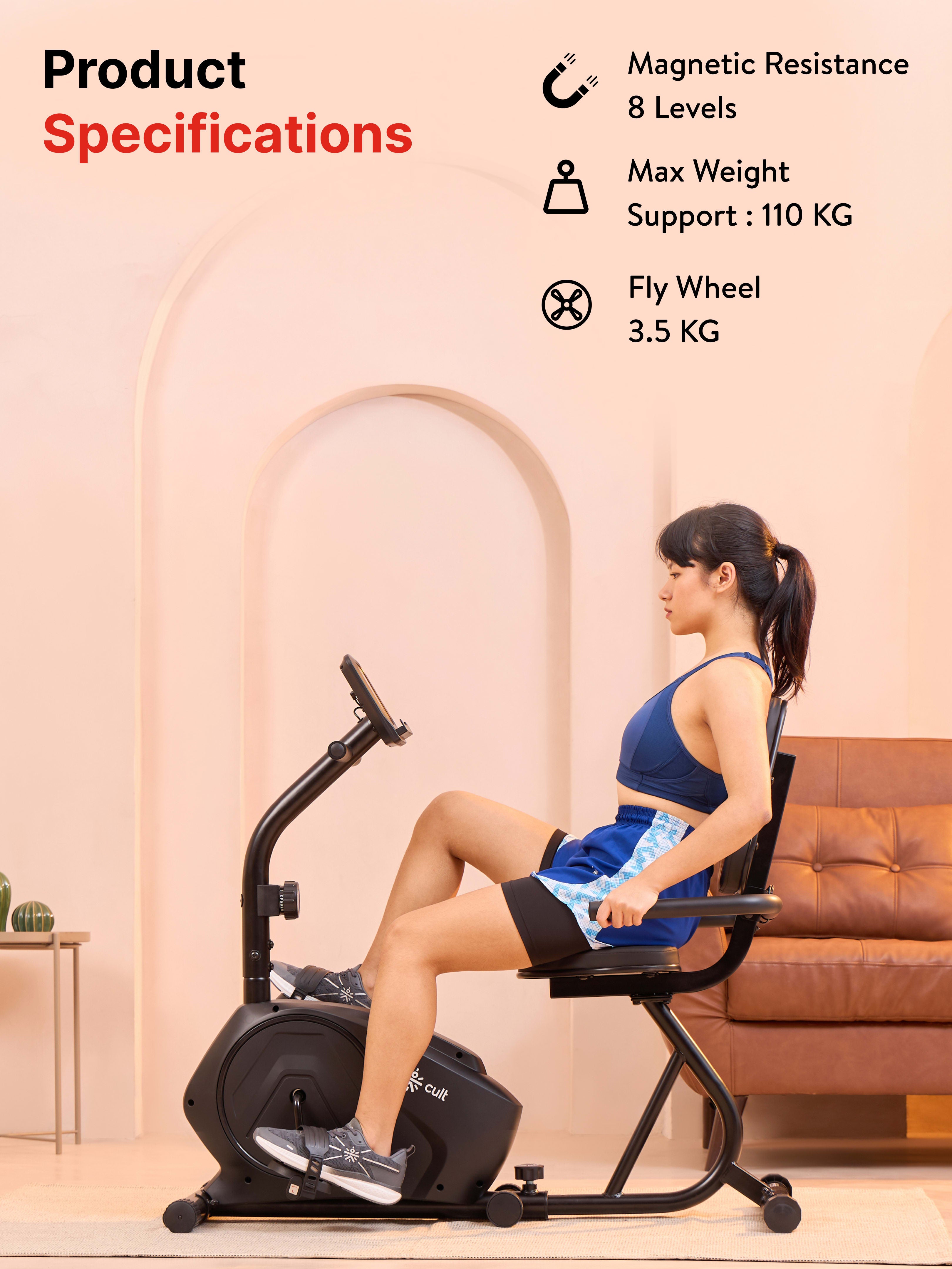 Smartbike Bari Recumbent Bike with Max Weight support 110 kg | Heart Rate Sensor with Adjustable Seat – Black (with 6 Months Extended Warranty)