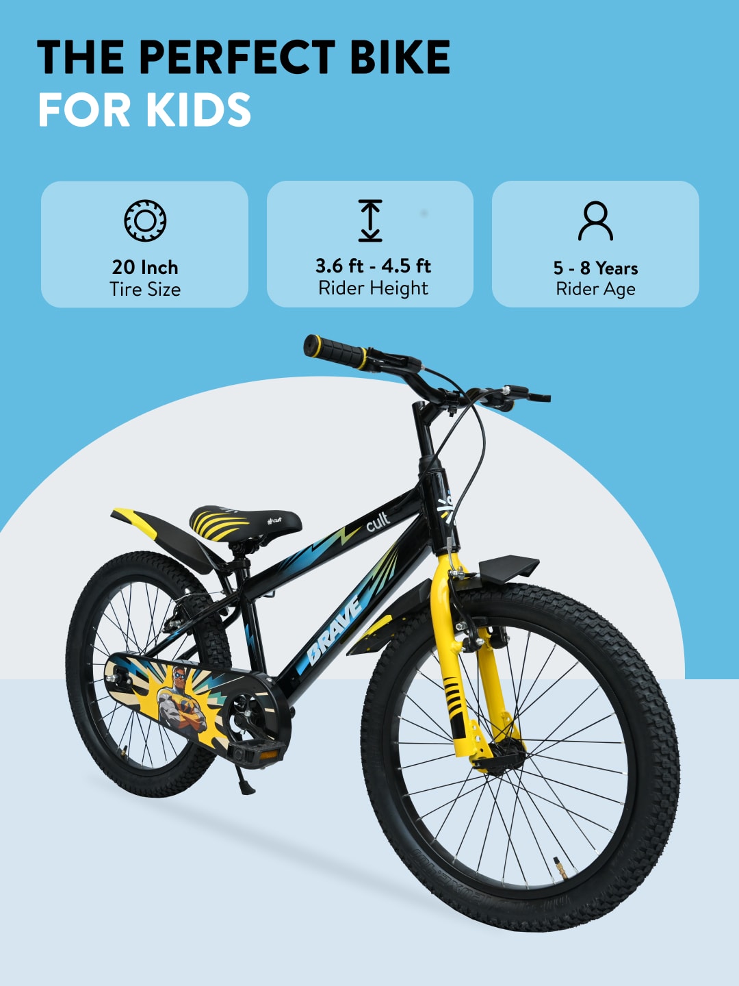 Brave 20T Black Steel Kids Bike with Single Wall Rim, Rigid Fork and Free Trainer Sessions and Cycling Event