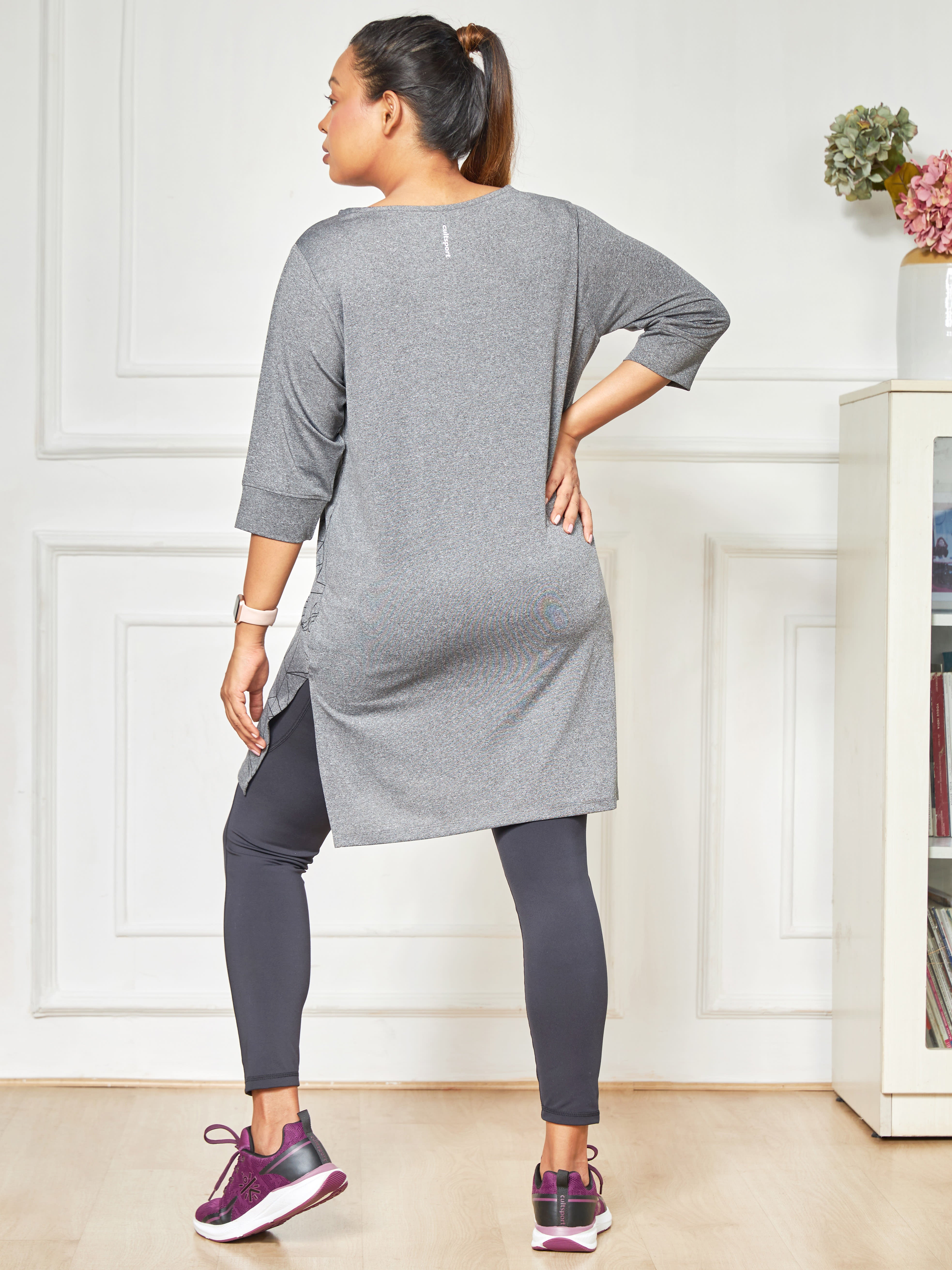 Printed Dark Grey Activ-Kurti with Side Pocket For Women