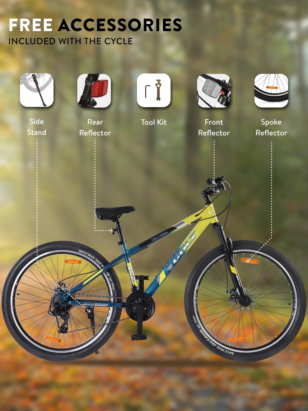 DAUNTLESS21S29TYELLOWBLUE Steel 21 Speed Shimano Gear 29 inch Mountain Cycle, Dual Disc Brake, Front Suspension, Double Wall Rim