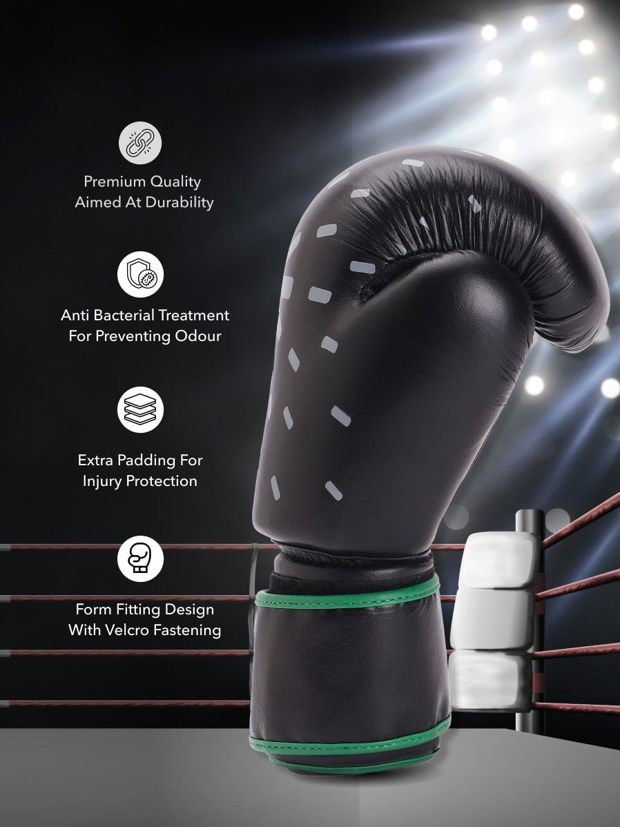 cult Premium Leather Boxing Gloves for Men & Women Foam Padding Thickness 35 mm Punching Bag Gloves for Boxing, Training, Kickboxing, Muay Thai, MMA Boxing Gloves Black/Green