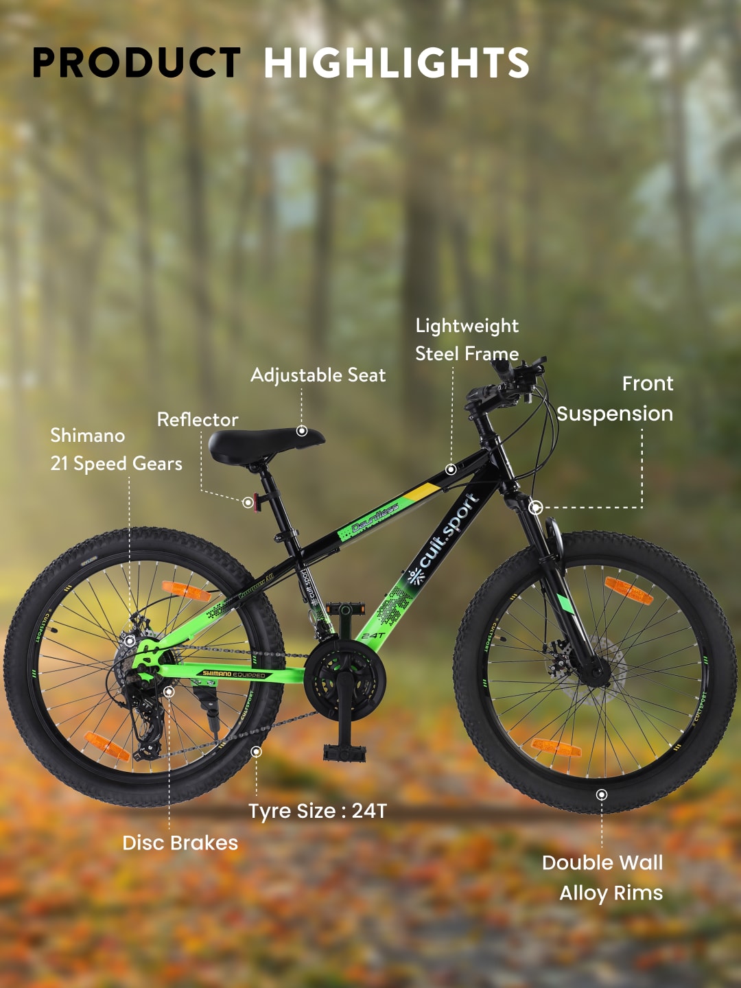 DAUNTLESS21S24TBLACKGREEN Steel 21 Speed Shimano Gear 24 inch Mountain Cycle, Dual Disc Brake, Front Suspension, Double Wall Rim