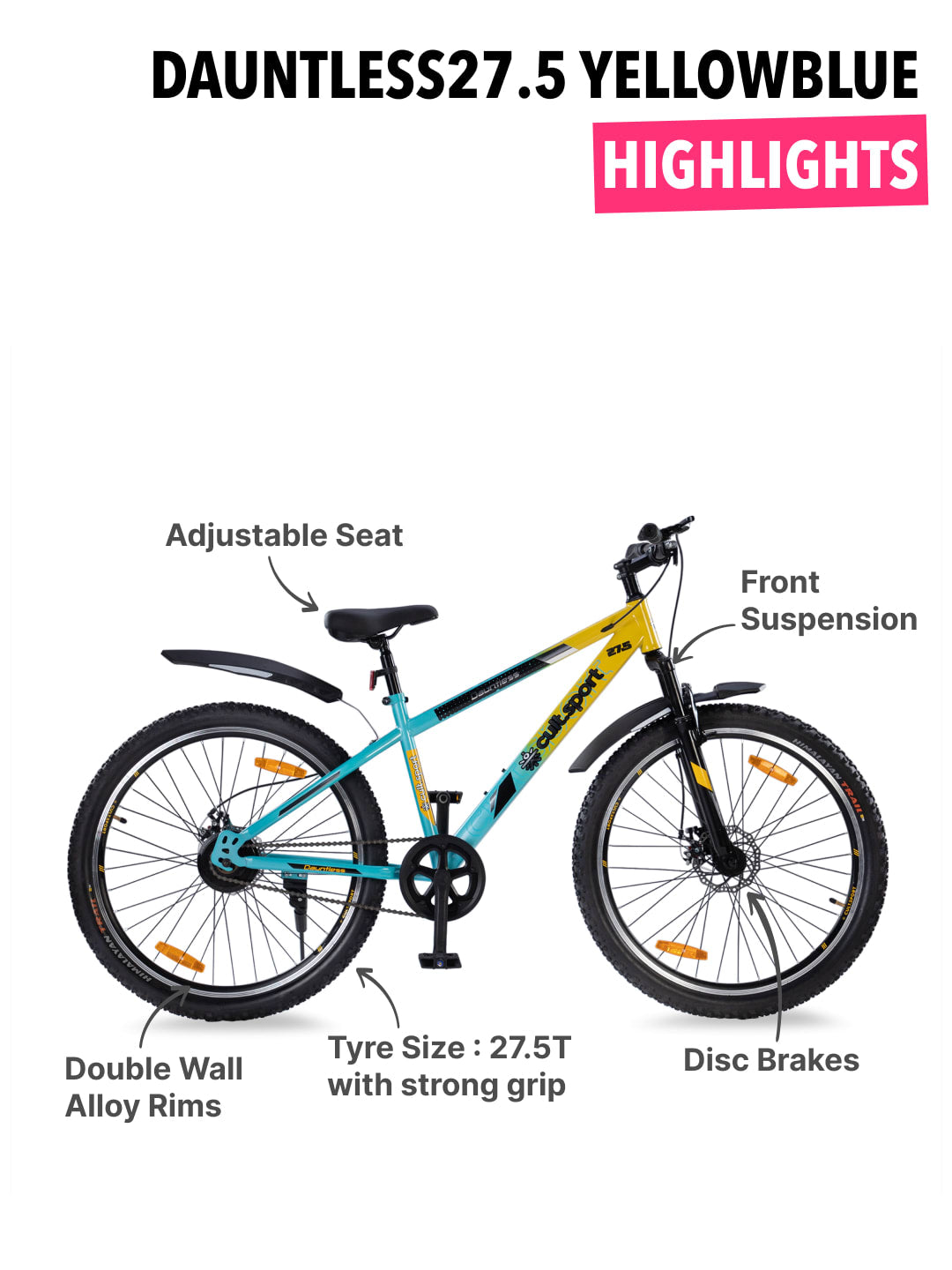 DAUNTLESS27.5TYELLOWBLUE Steel Single Speed 27.5 inch Mountain Cycle with Front Suspension, Double Wall Rim and Dual Disc Brake