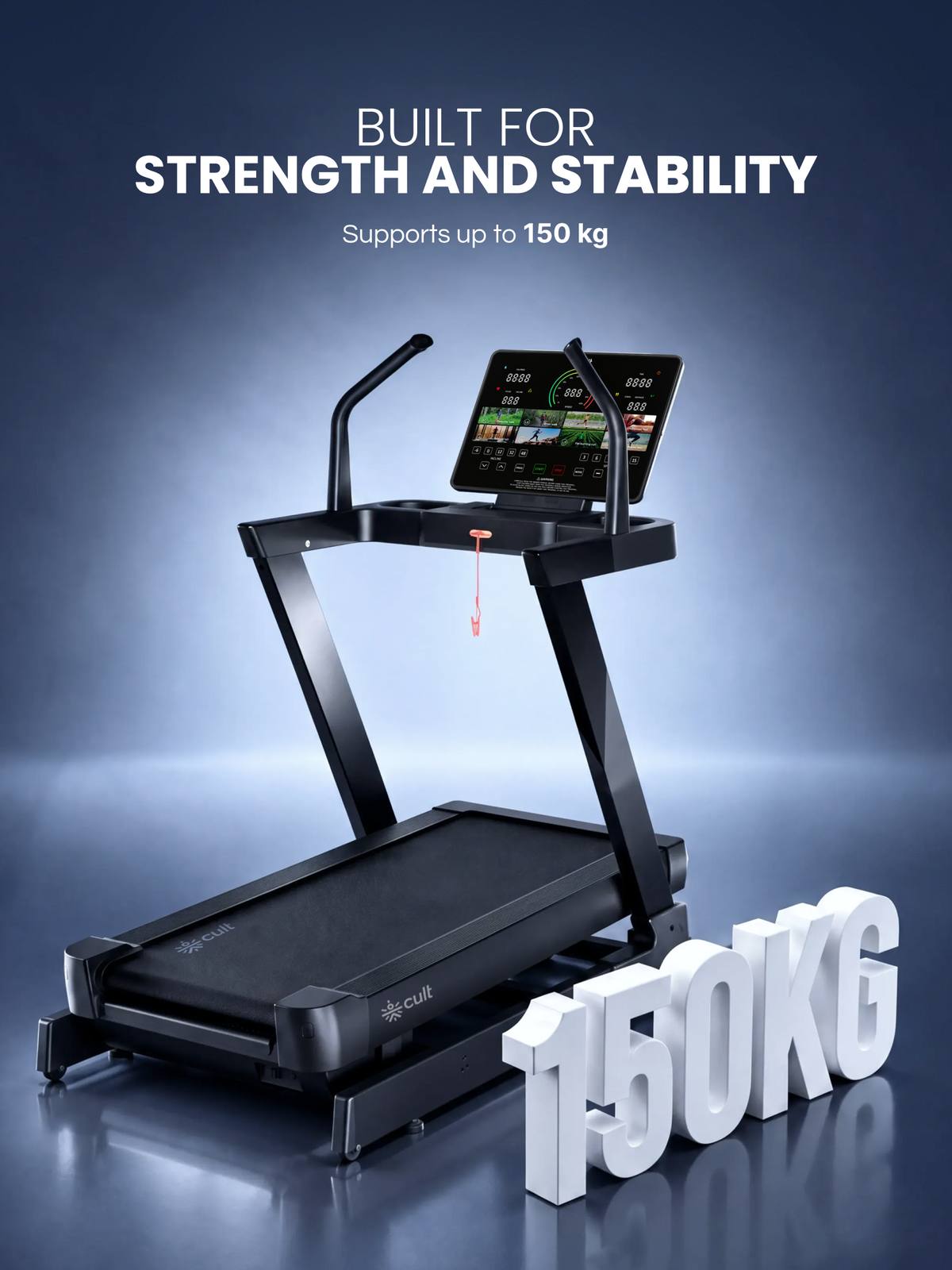 Cult Optima Motorized Treadmill | 48 Levels Incline & 6 Level Decline| Max Speed - 22 km/hr | Max Weight - 150kgs | Shock Absorption for Knee Protection | LED Touchscreen | Wireless Charging | Black