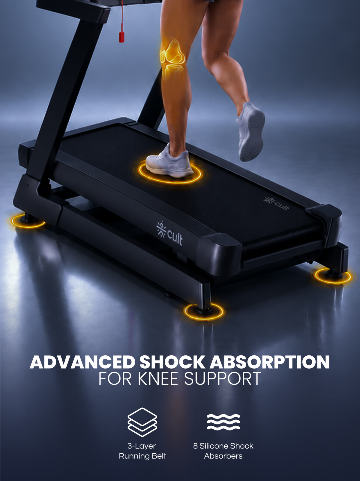 Cult Optima Motorized Treadmill | 48 Levels Incline & 6 Level Decline| Max Speed - 22 km/hr | Max Weight - 150kgs | Shock Absorption for Knee Protection | LED Touchscreen | Wireless Charging | Black