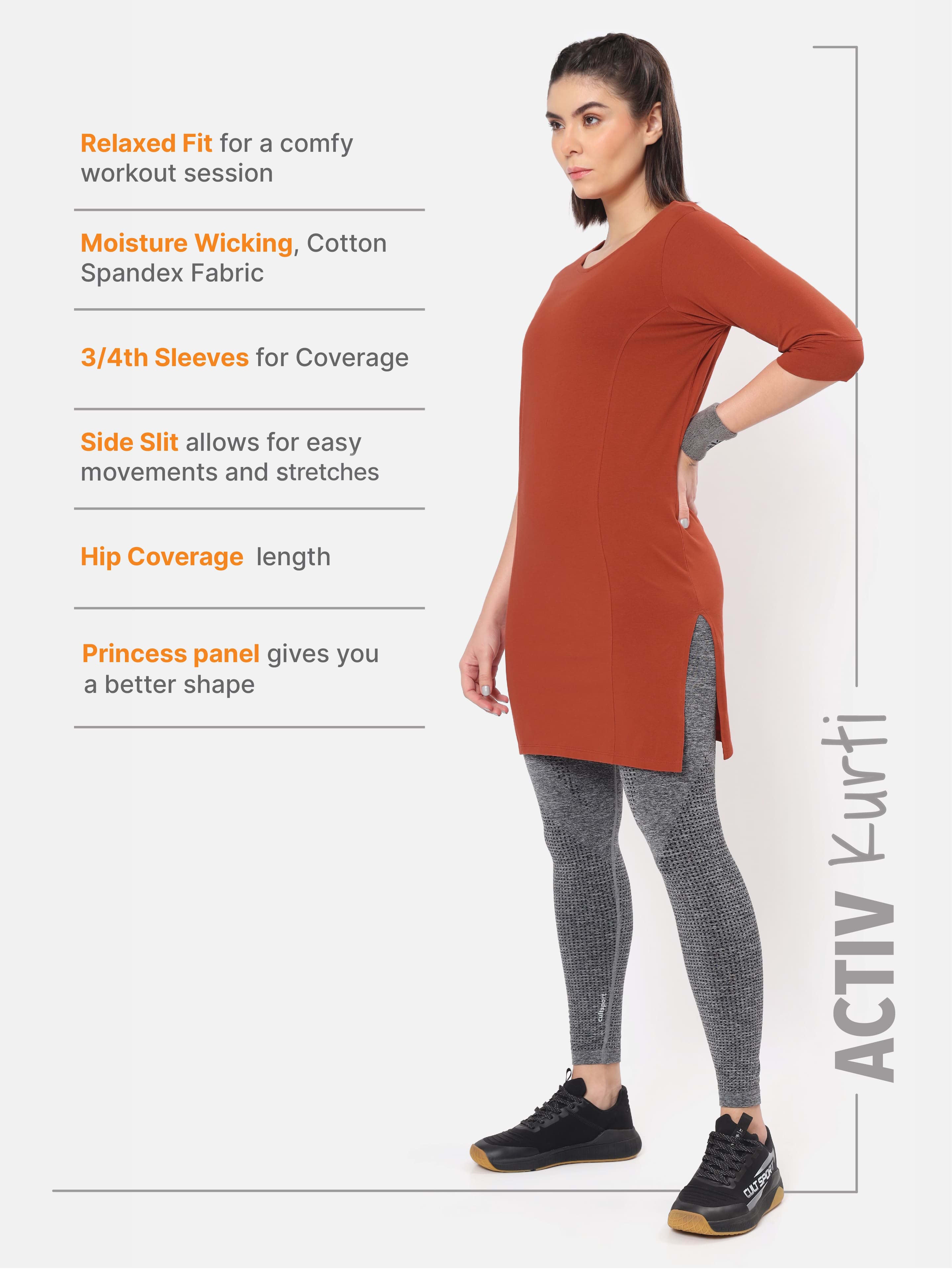 Solid Activ-Kurti with Side Pocket For Women - Rust