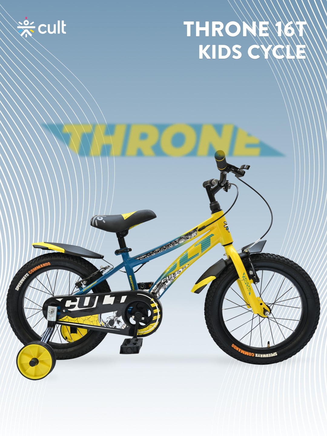 Throne 16T Steel Kids Bike with Rigid Fork, Single Wall Rim, V brakes, Chain Guard and Training Wheel, Yellow Blue