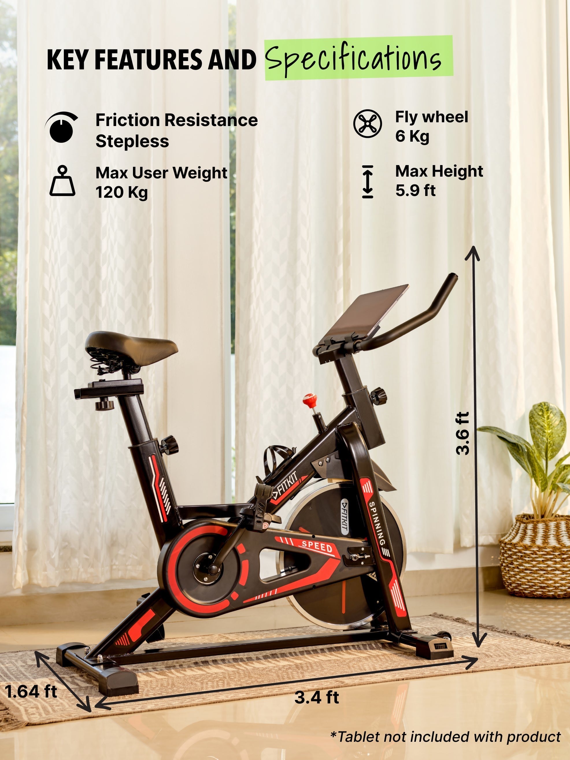 FK3000 Spin Bike (Flywheel- 6kg, Max weight- 120 kg, Resistance Mechanism - Friction, Red (with 6 months extended warranty)