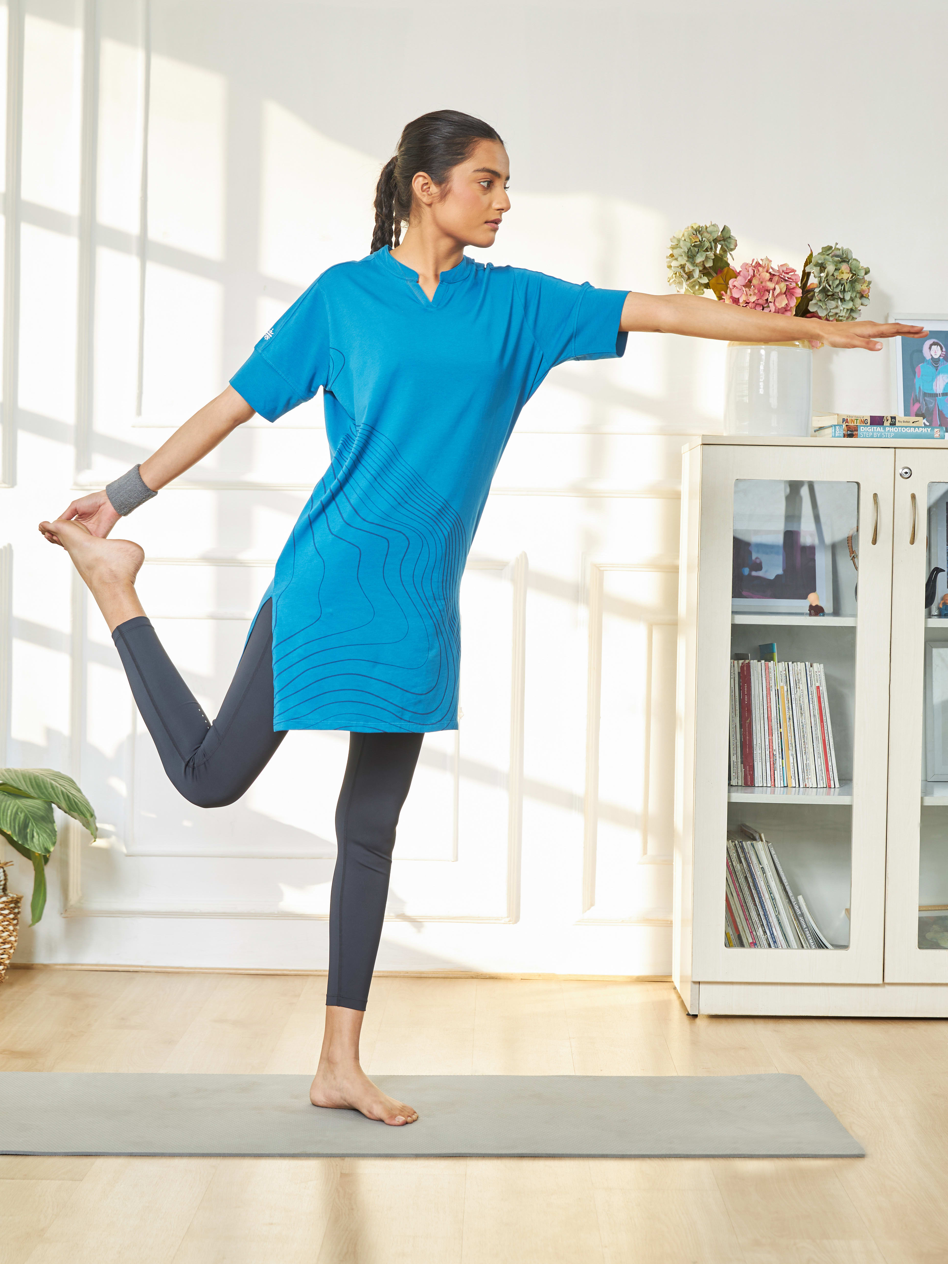 Printed Blue Activ-Kurti with Side Pocket For Women