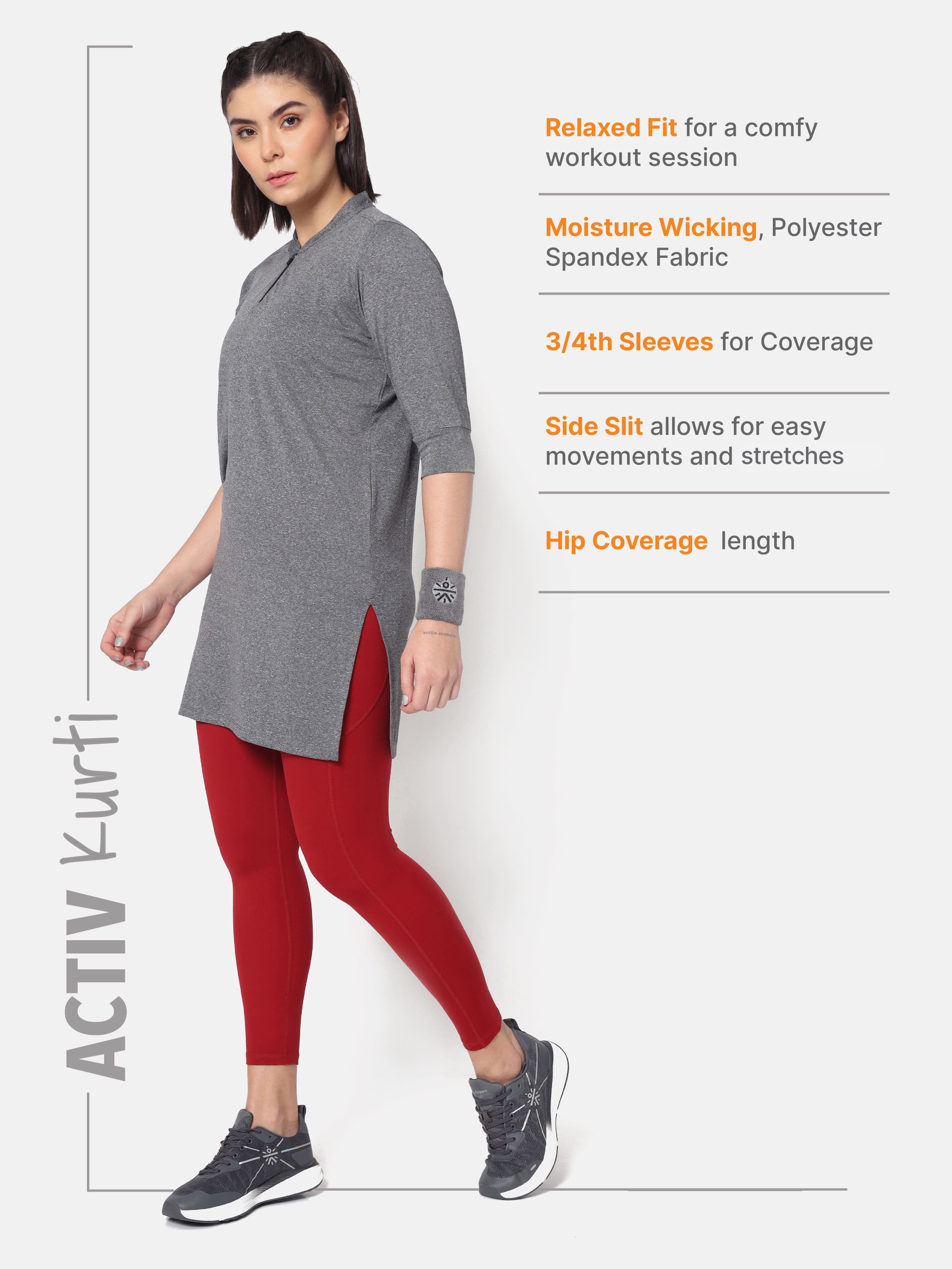 Solid Activ-Kurti with Side Pocket For Women - Grey