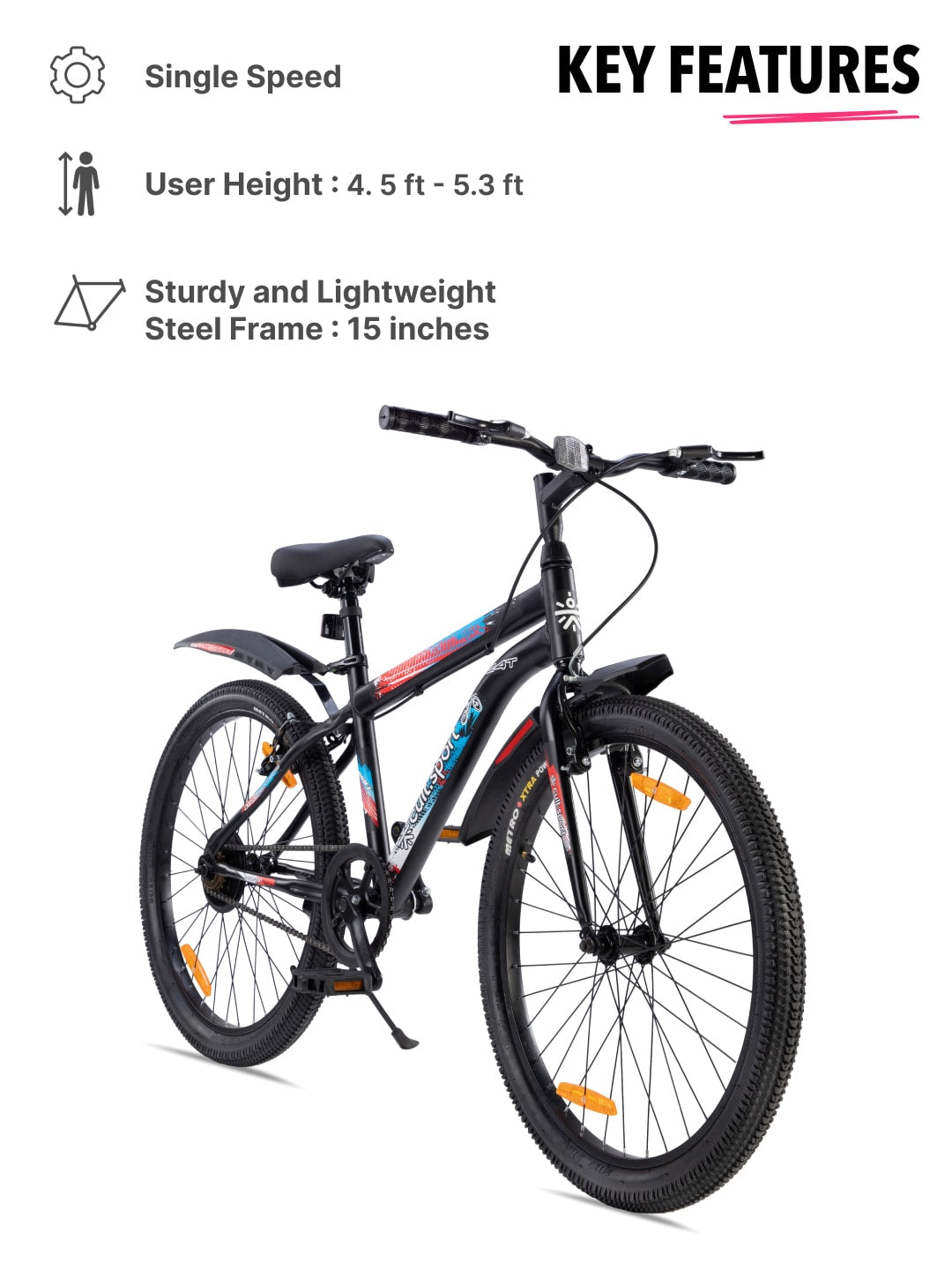 ROKKPRO24TBLACK Steel Single Speed 24 inch Mountain Cycle with Single Wall Rim and Rigid Fork