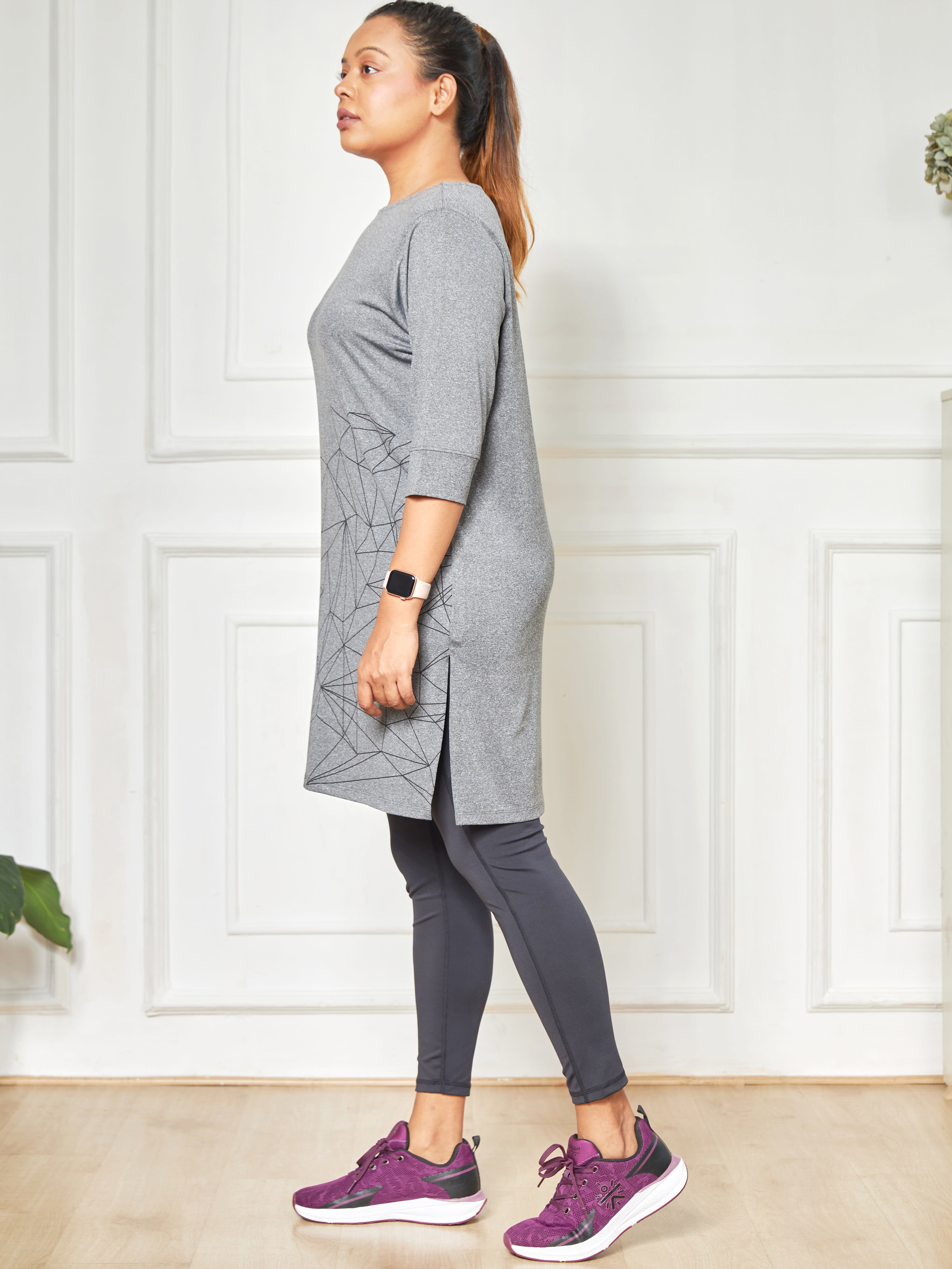 Printed Dark Grey Activ-Kurti with Side Pocket For Women