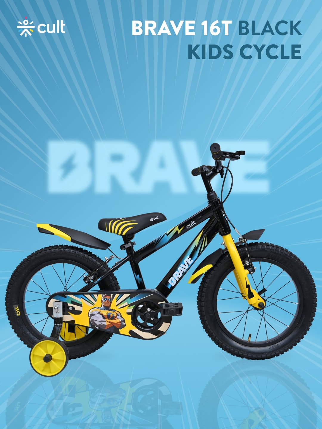 Brave 16T Black Steel Kids Bike with Single Wall Rim, Rigid Fork and Free Trainer Sessions and Cycling Event