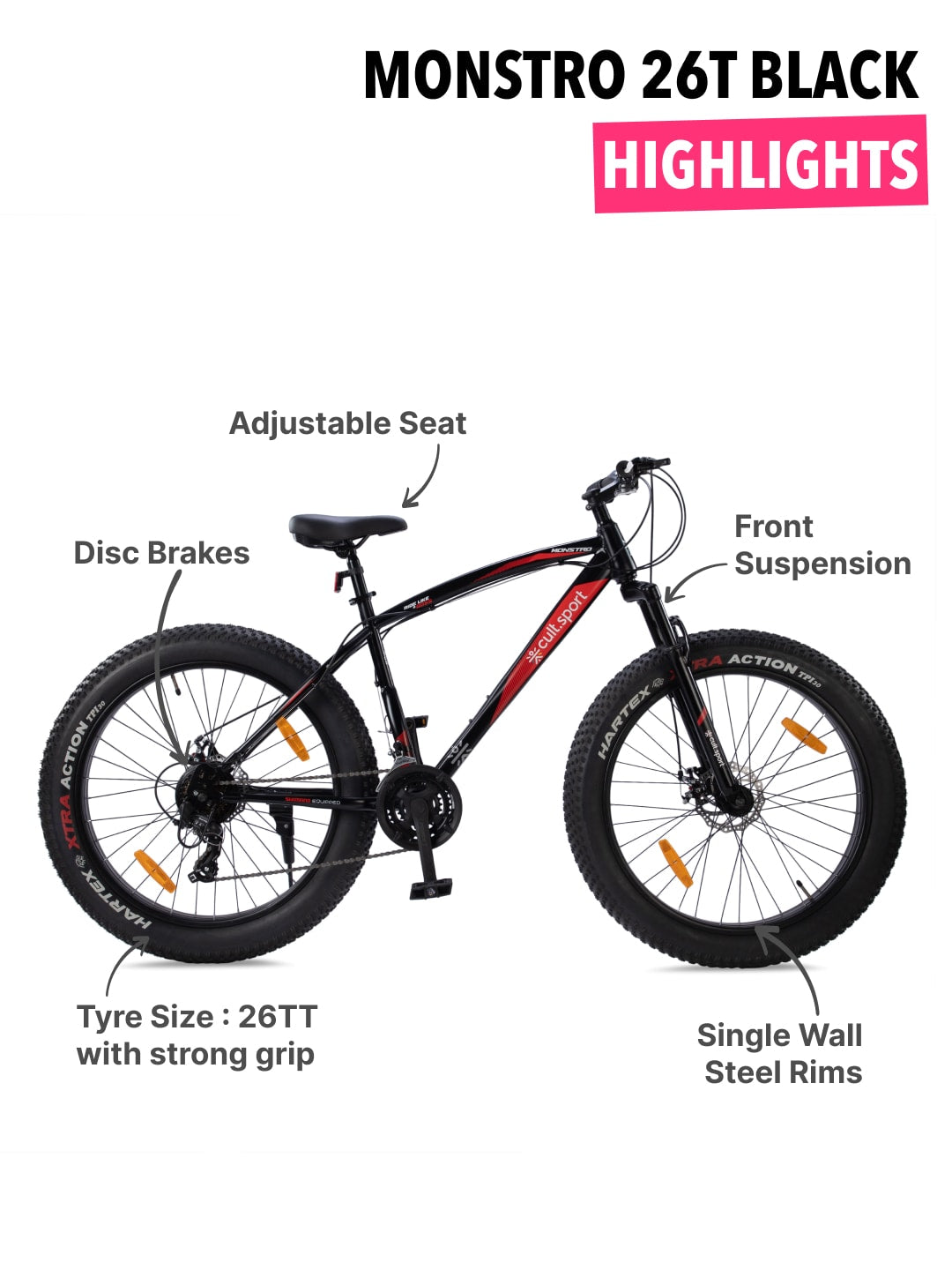 Monstro 26T Fat Bike – 21 Speed Shimano Gear, Front Suspension, Dual Disc Brake, Black