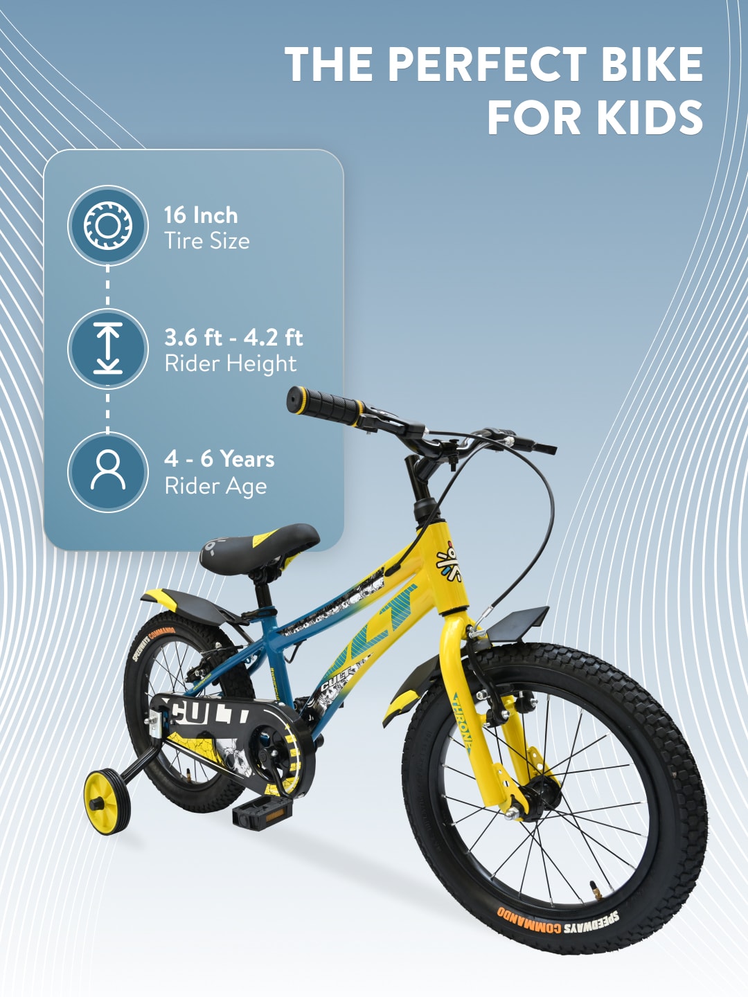 Throne 16T Steel Kids Bike with Rigid Fork, Single Wall Rim, V brakes, Chain Guard and Training Wheel, Yellow Blue
