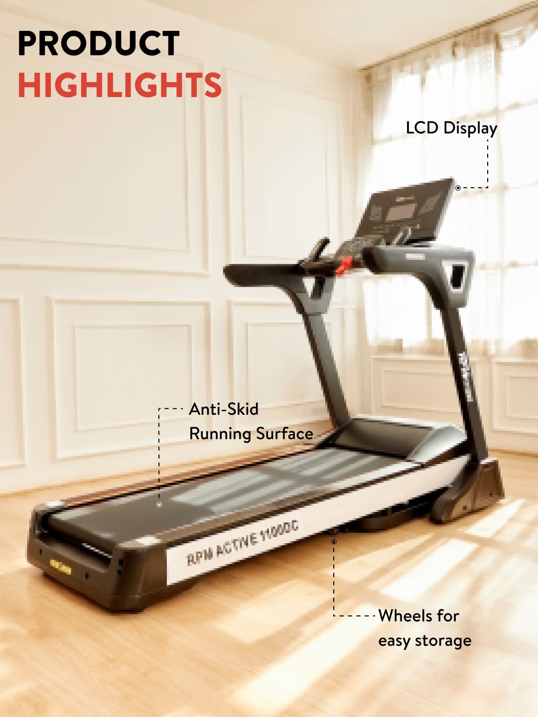 RPM Active1100DC 6 HP Peak Treadmill | 15-level Auto-Incline | Max Weight-140kg | Max Speed-18kmph (with 6 Months extended warranty)